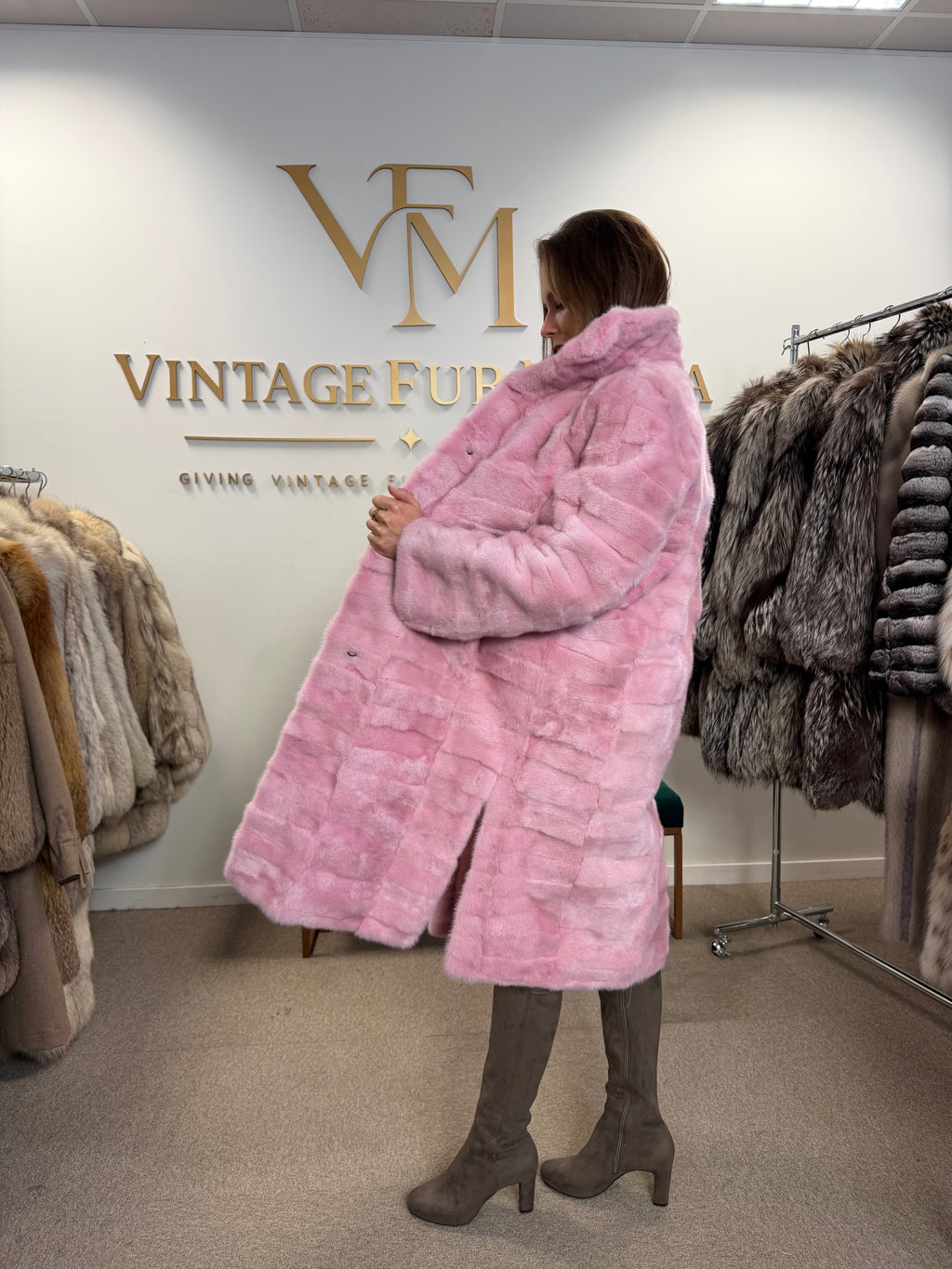 Mink Fur Coat, Pink Swinger, Size M/L
