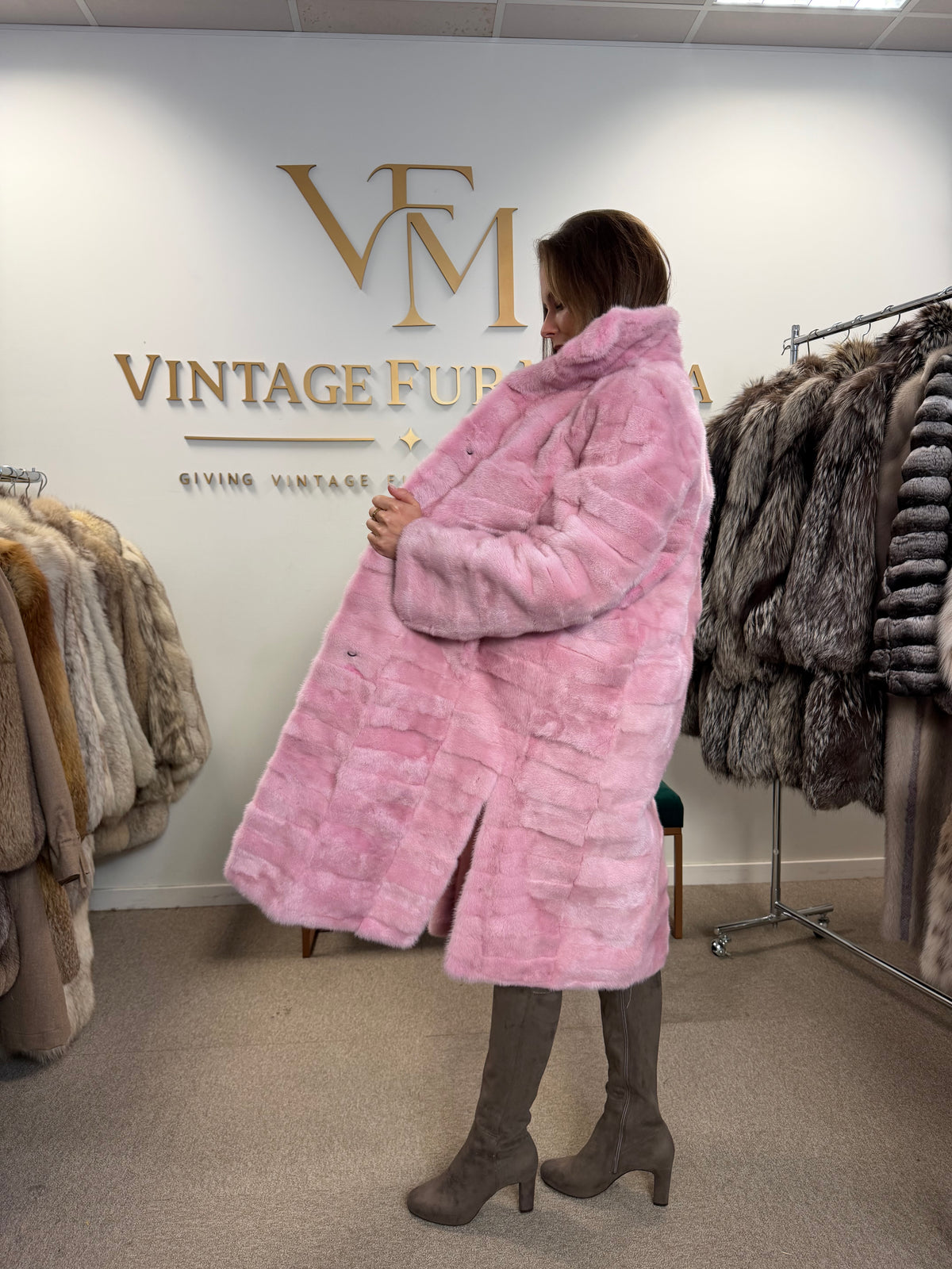Mink Fur Coat, Pink Swinger, Size M/L