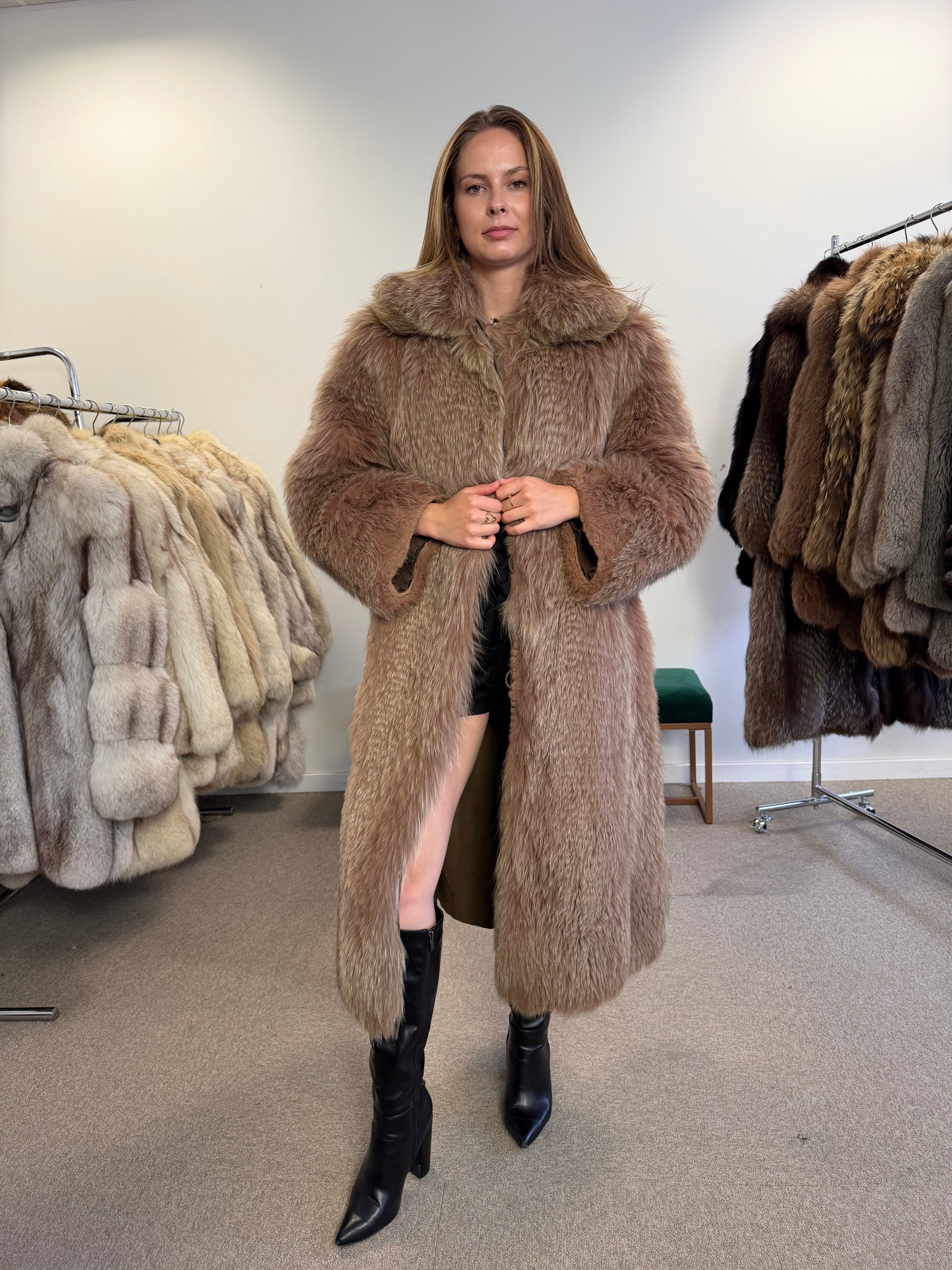 Brown Fox Fur Coat, Full Length, Reversible, Size L | Vintage Fur