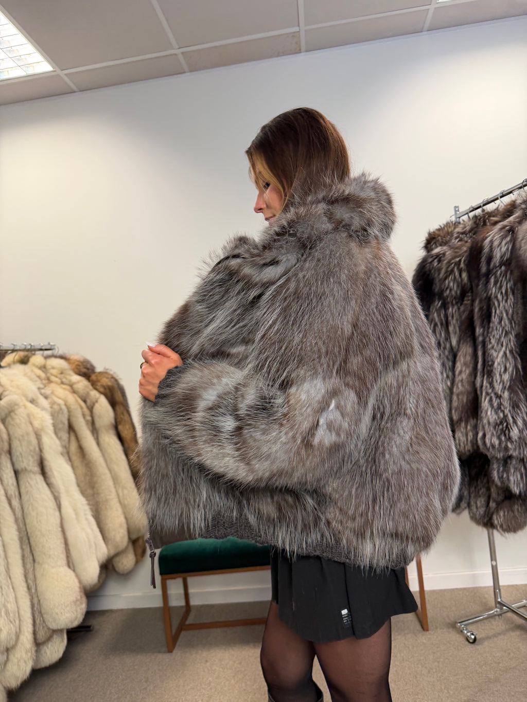 Opossum Fur Jacket, Hooded, Size M