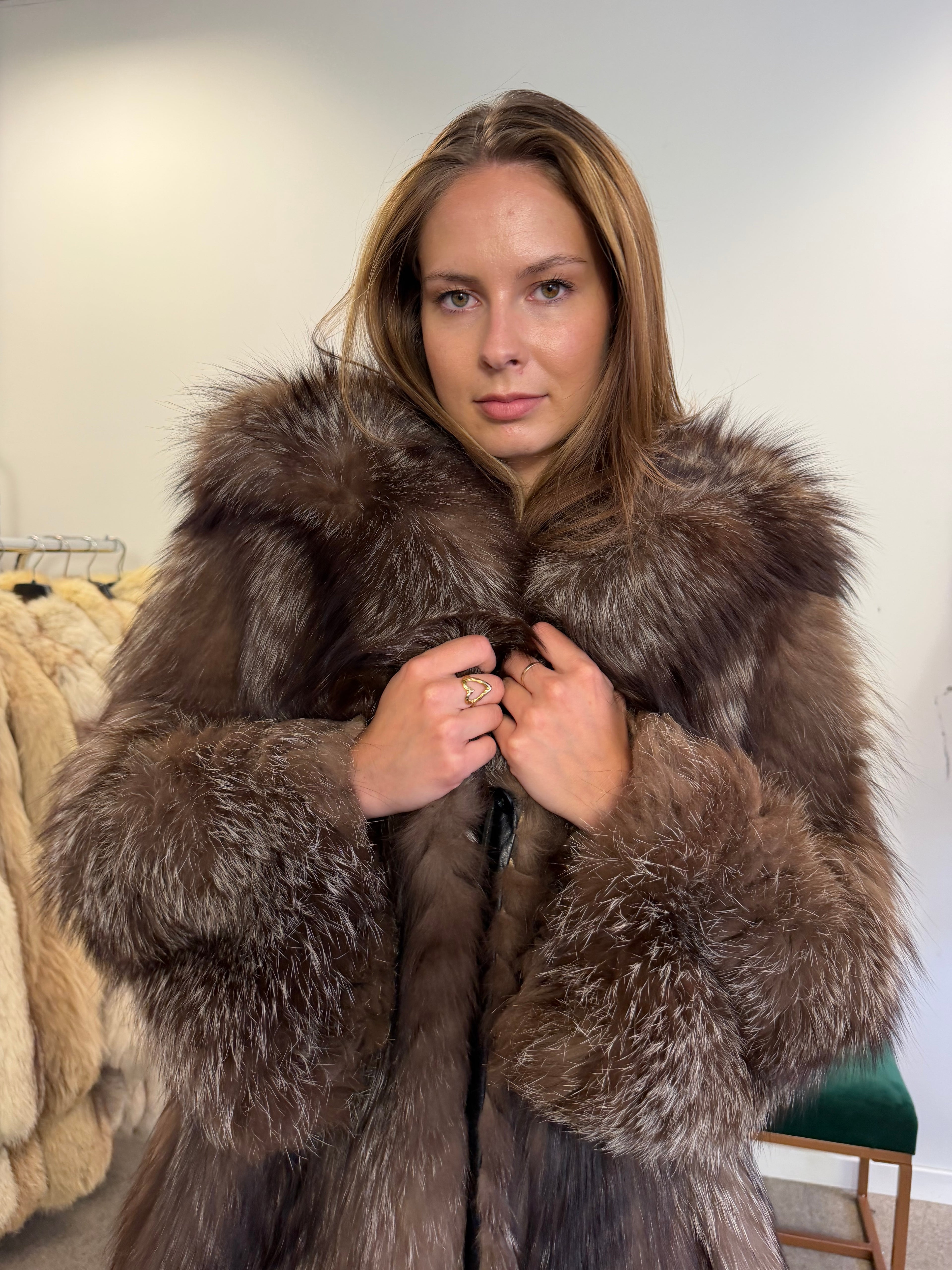 Silver Fox Fur Coat, Full Length, Size M