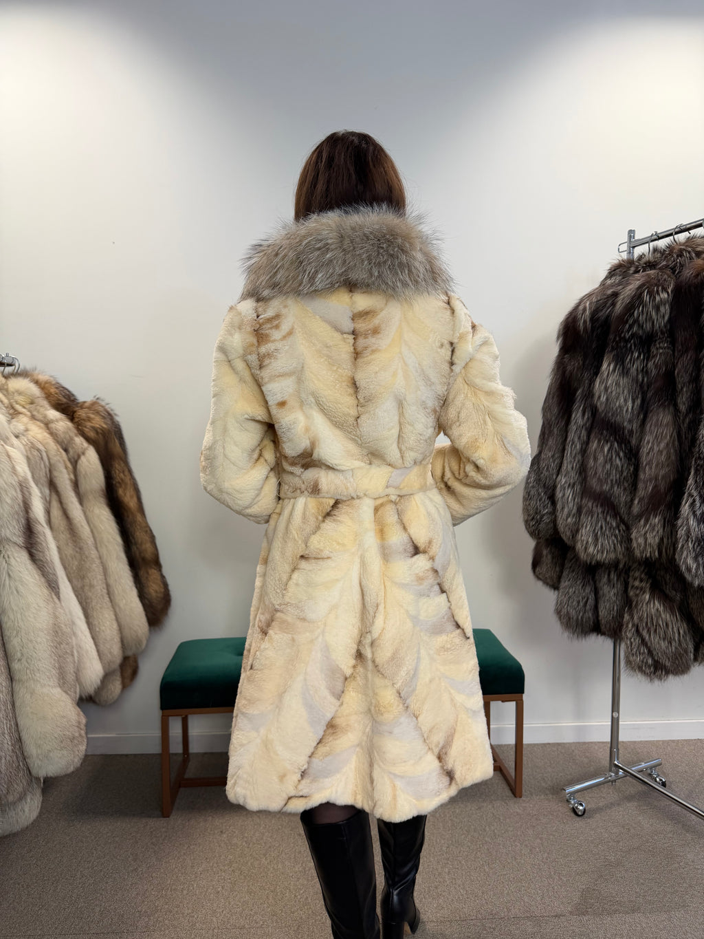 Mink Fur Coat, Sheared White, Fox Collar, Size M