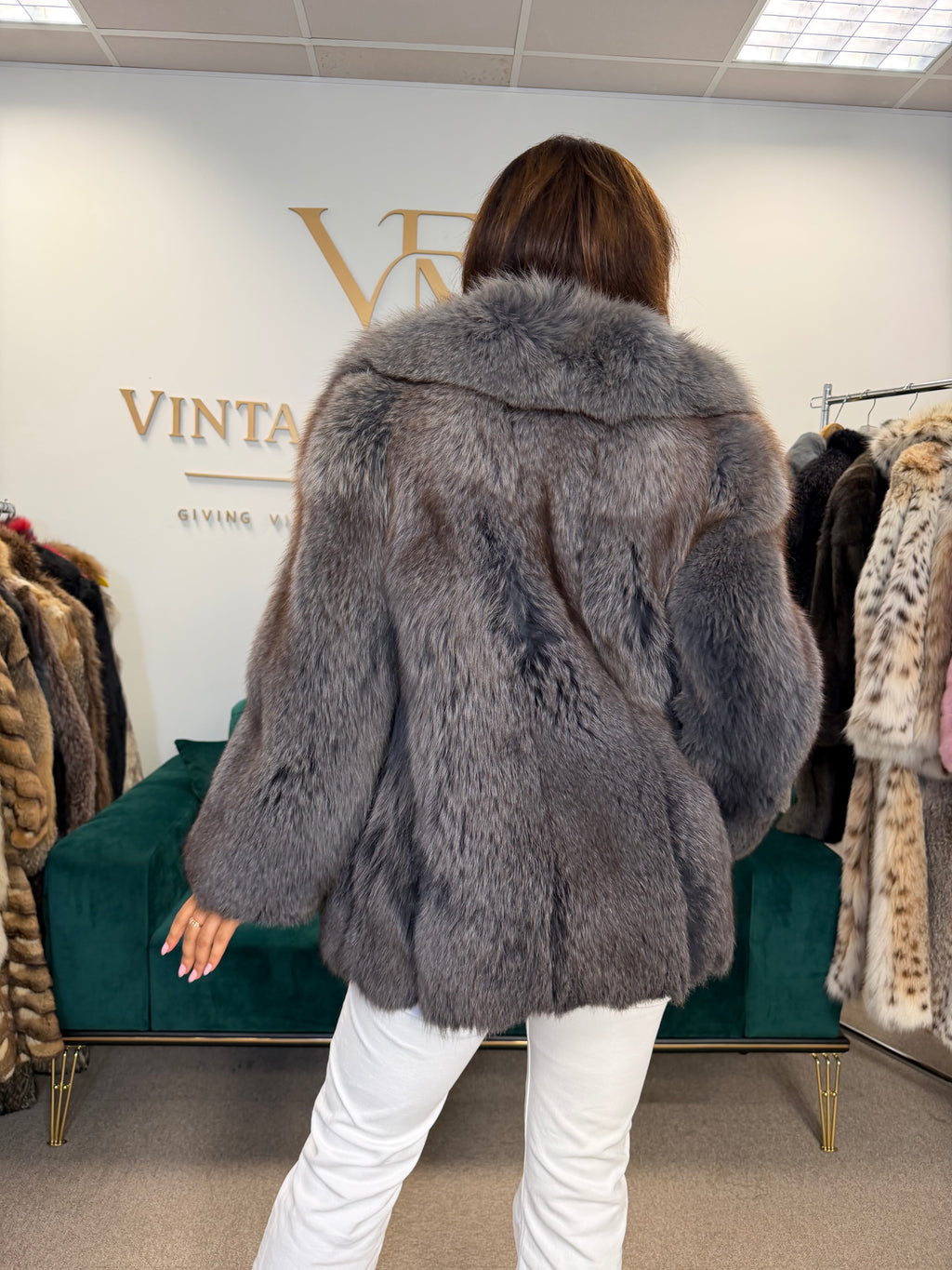 Blue Dyed Fox Fur Jacket, Short, Fits S XS
