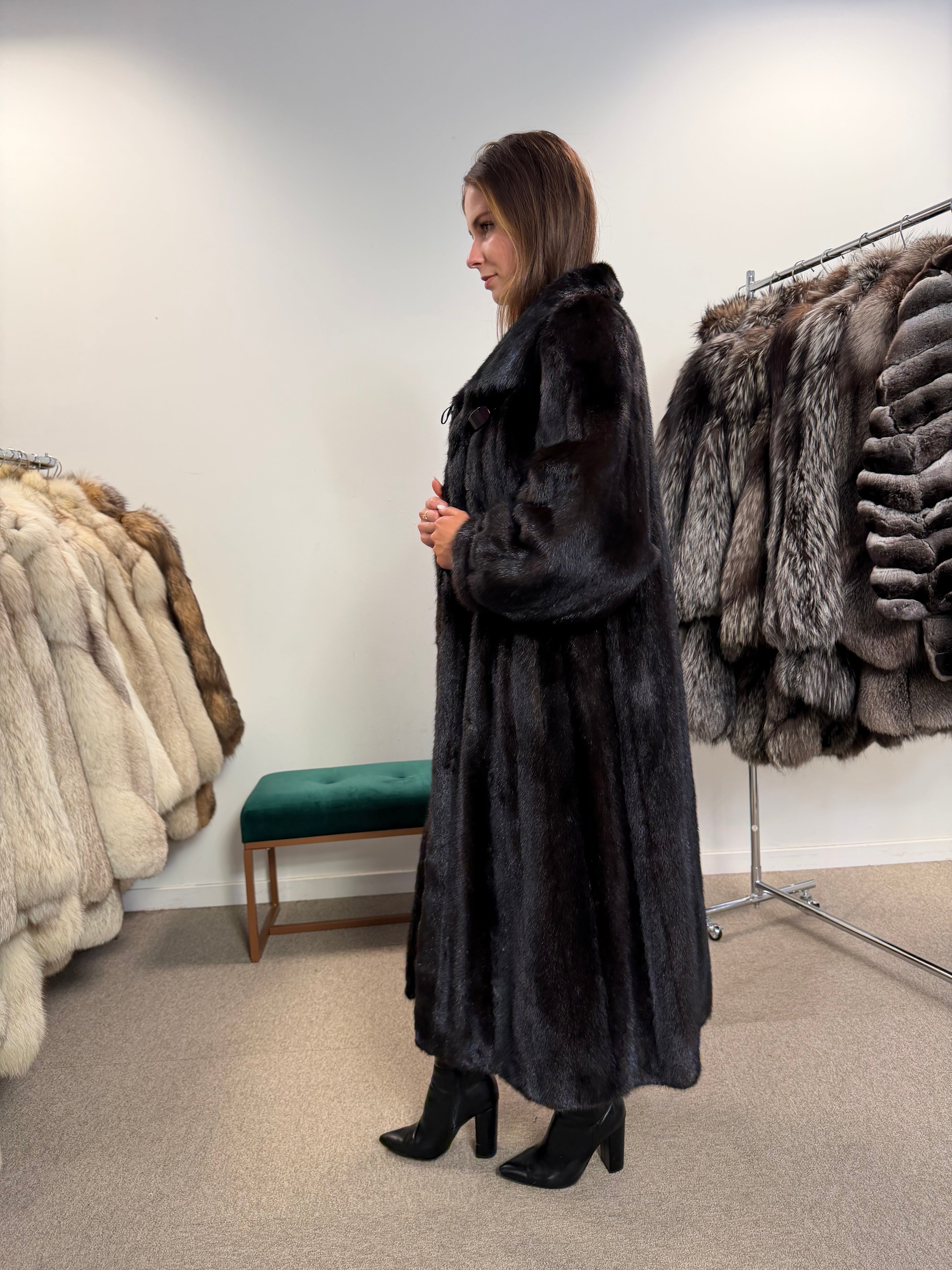 Mink Fur Coat, Dark Brown, Full Length, Size XL