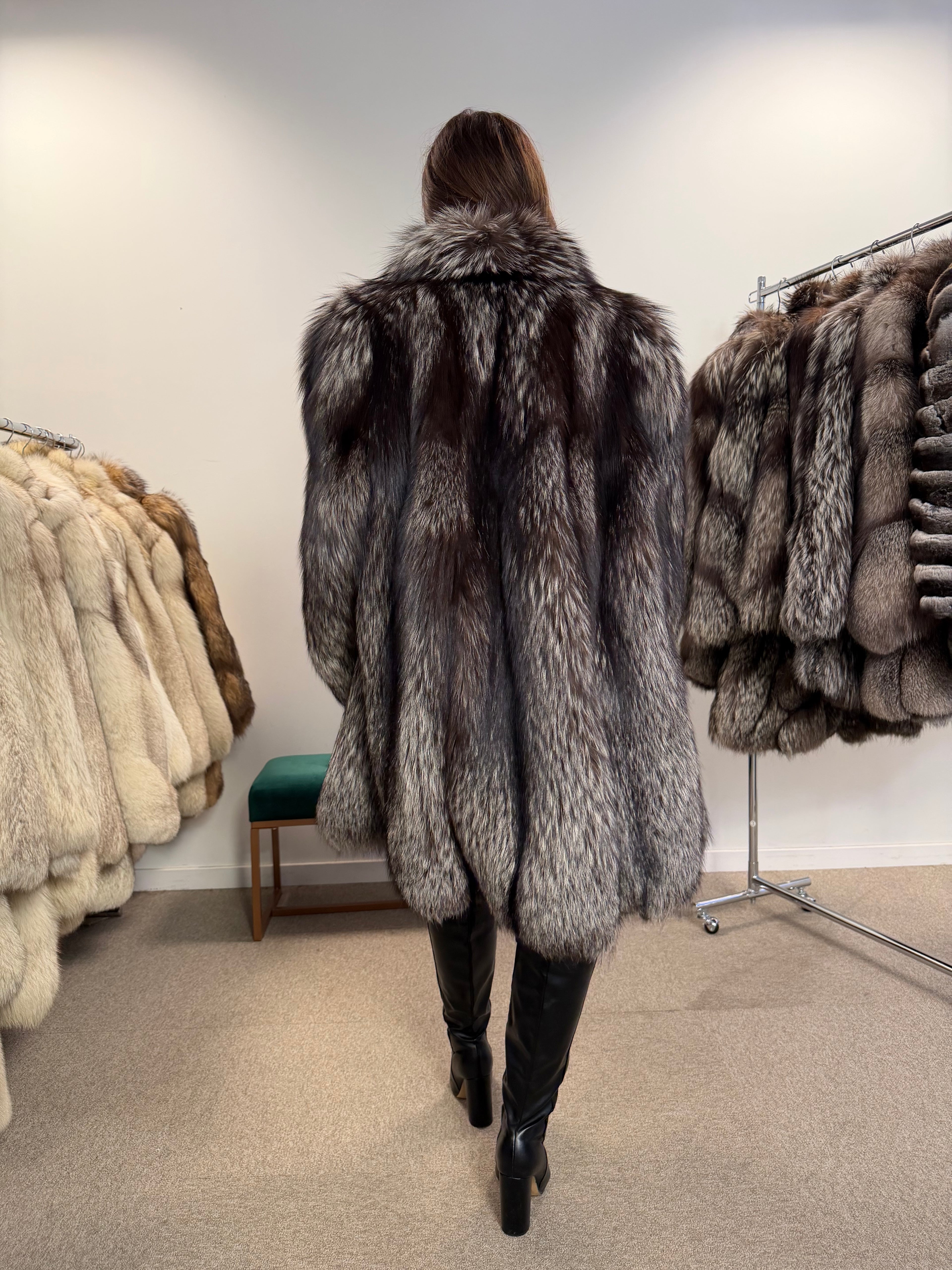 Silver Fox Real Fur Coat, Size XXL, Full Sweep Swing Coat
