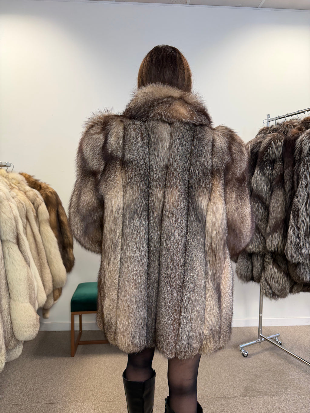 Crystal Fox Real Fur Coat, Size L, Frost White