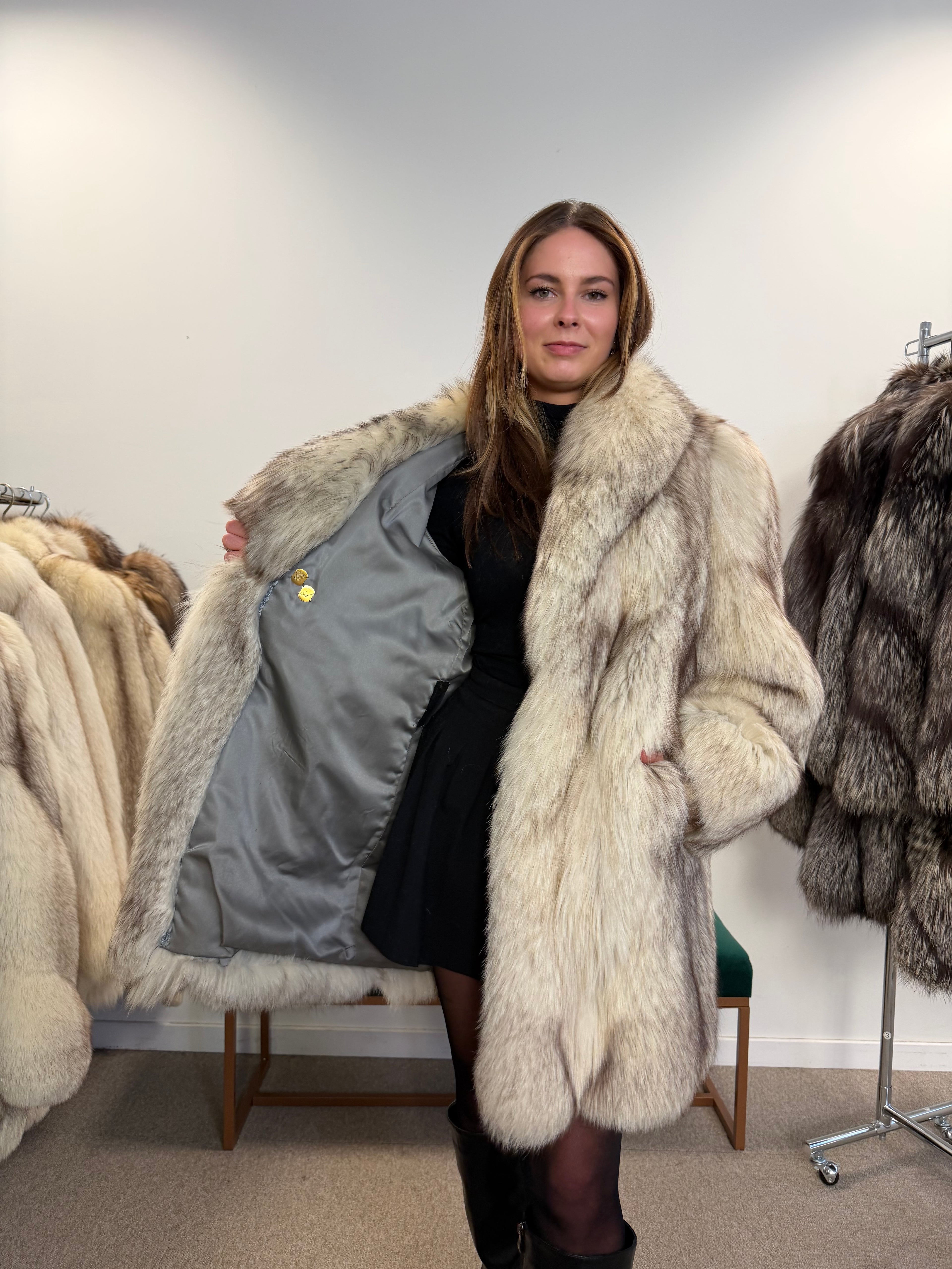White Nordic Fox Real Fur Coat, Size L