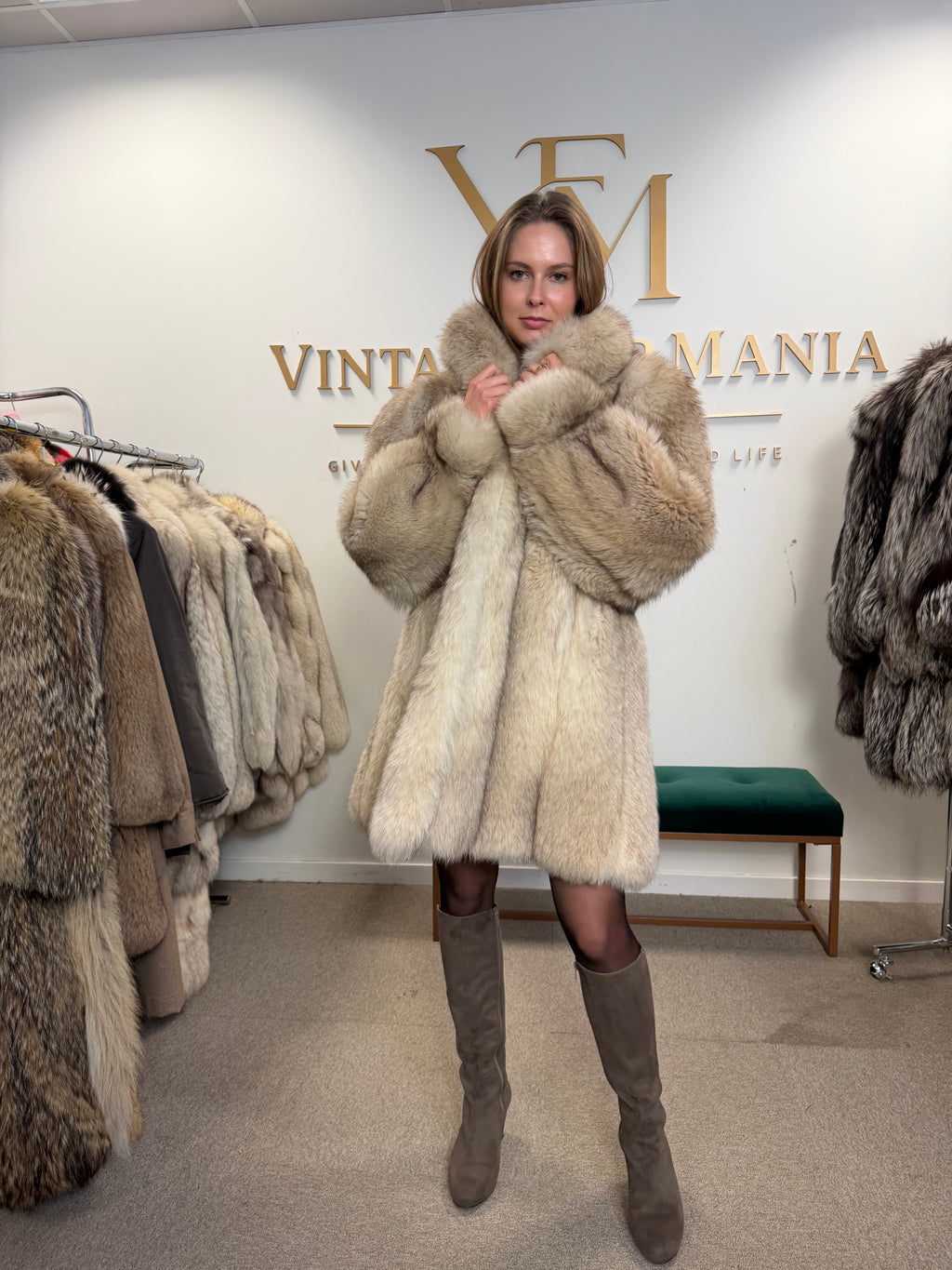 White Fox Fur Coat, Large, Brown Lining