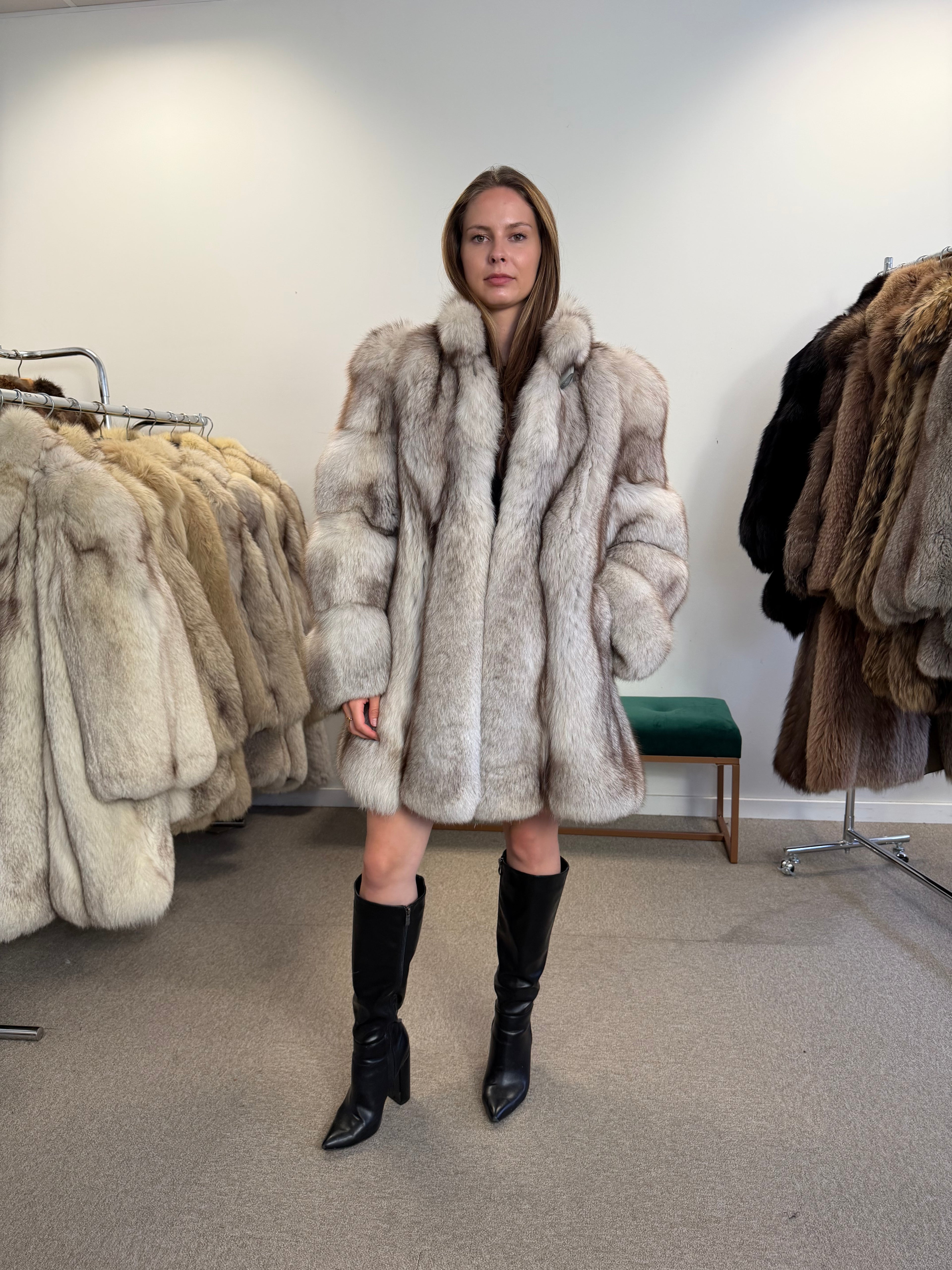 Blue Fox Fur Coat, Bright White, Size M
