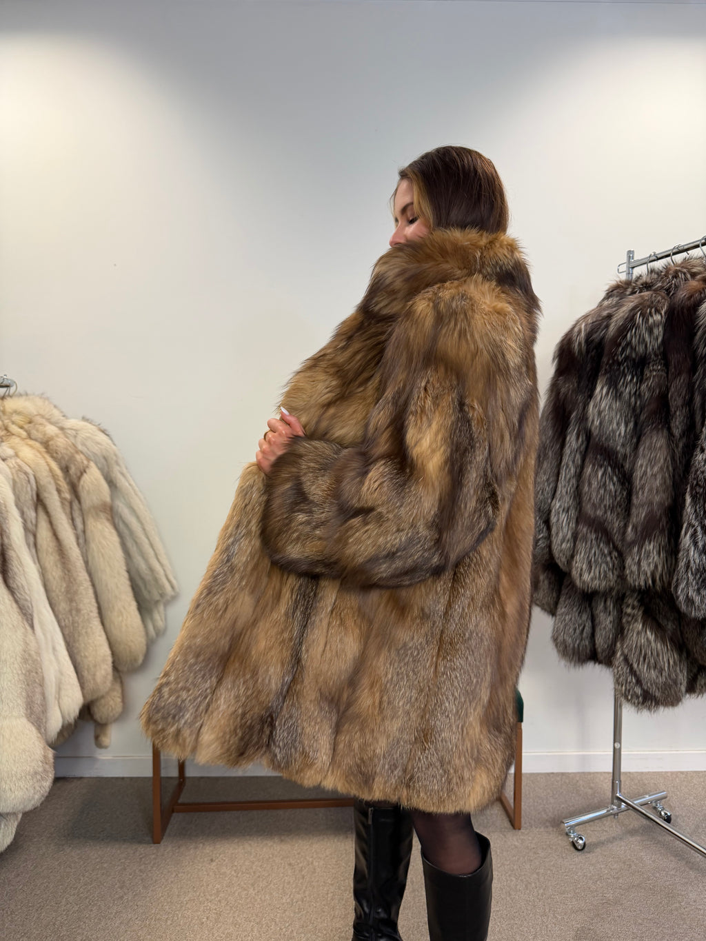 Fox Fur Coat, Cross Fox, Shoulder Pads, Size M