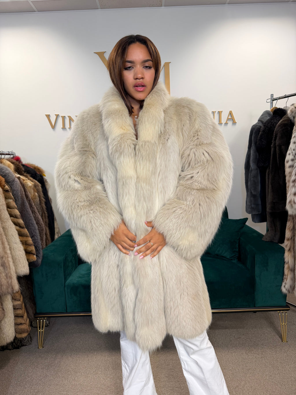 White Nordic Fox Fur Coat, One Size up to 4XL, Open Front