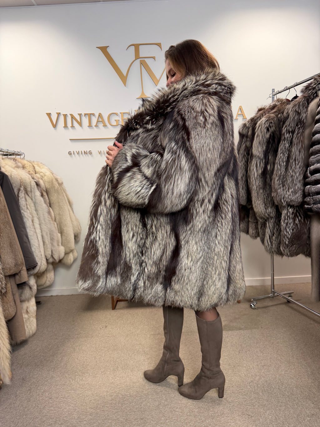 Silver Fox Fur Coat, XL, Super Fluffy
