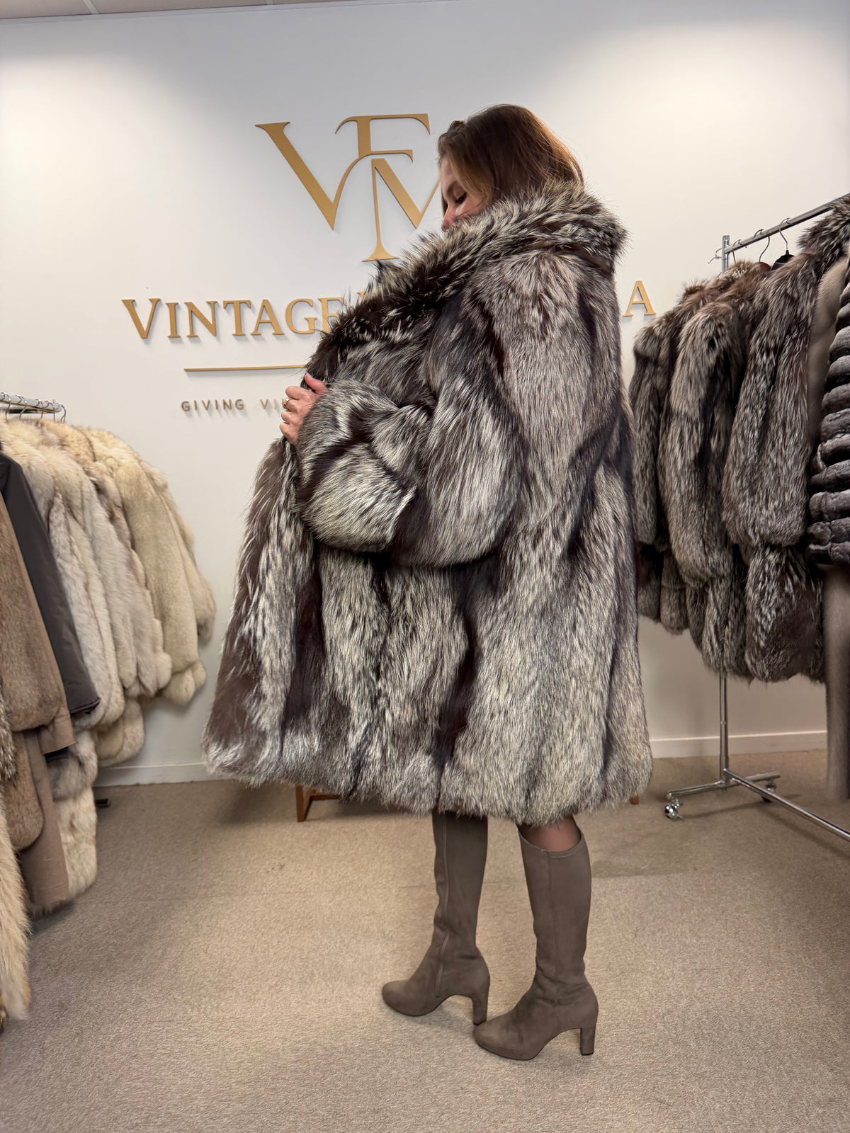 Silver Fox Fur Coat, XL, Super Fluffy
