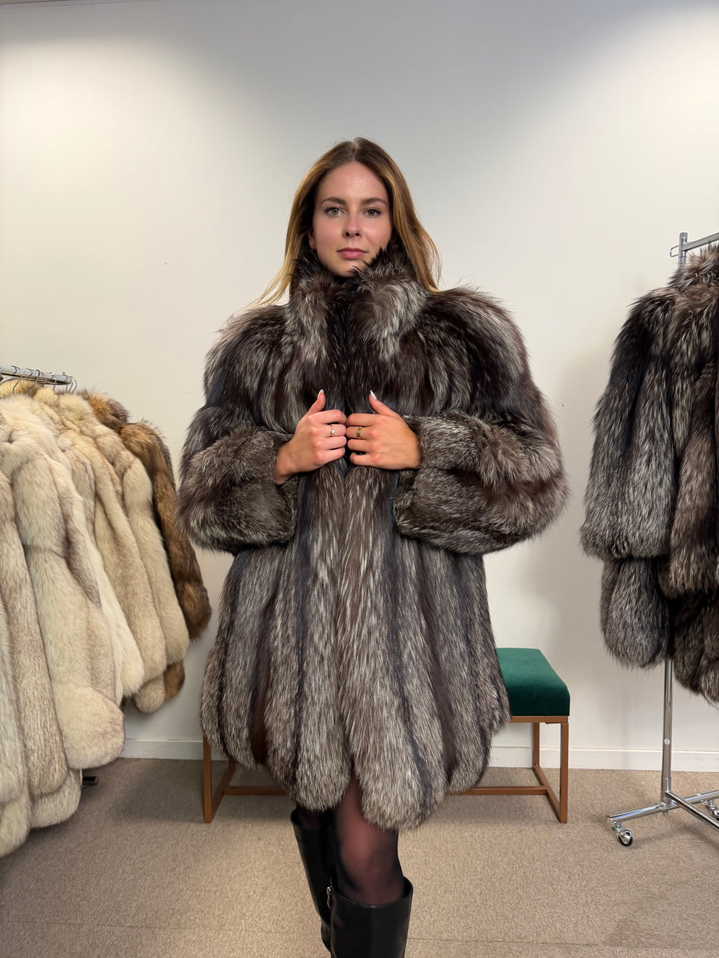 Silver Fox Real Fur Coat, Size L, Stand Up Collar