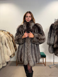 Silver Fox Real Fur Coat, Size L, Stand Up Collar