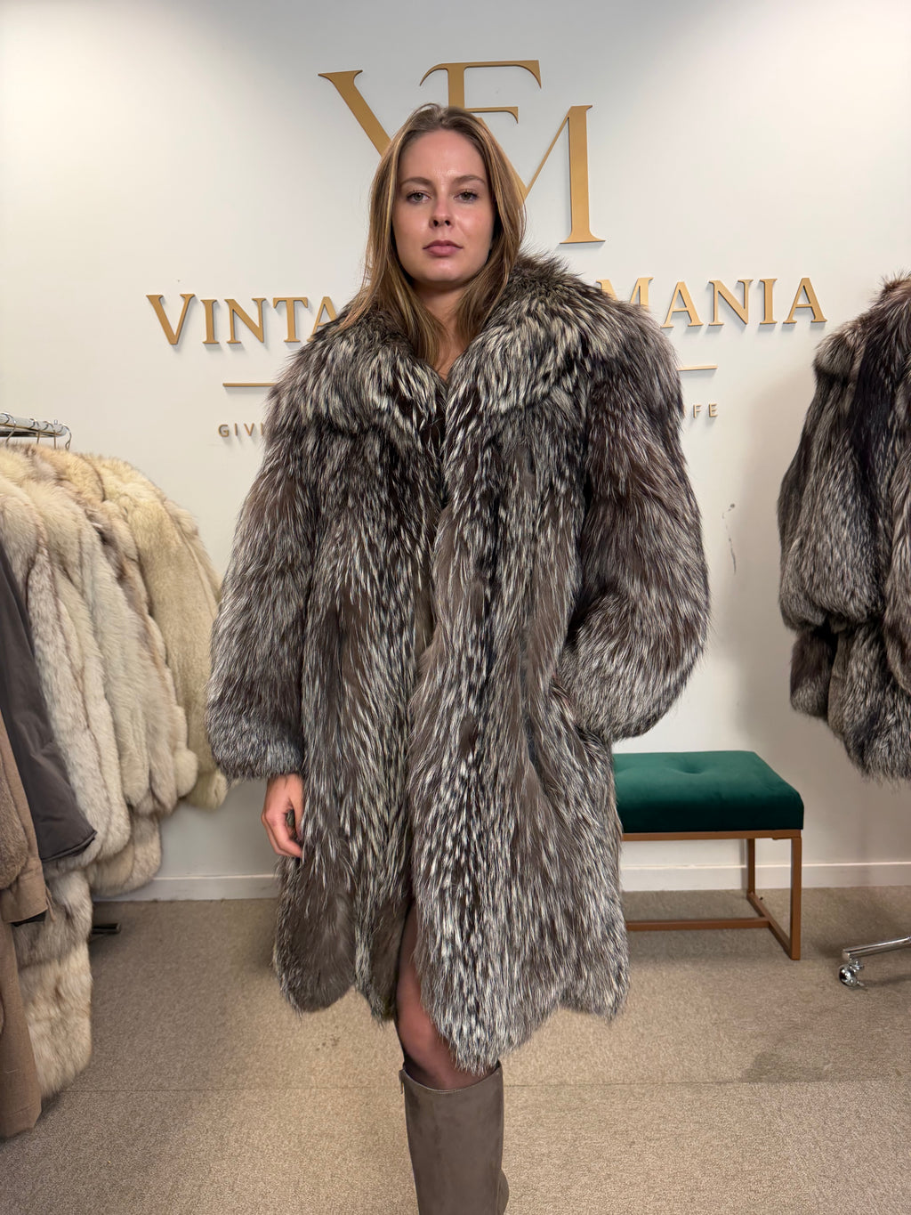 Silver Fox Fur Coat, Large, SAGA, Swinger, Trimmed