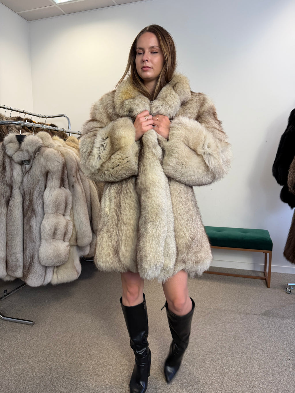 Fox Fur Coat, White, Size M