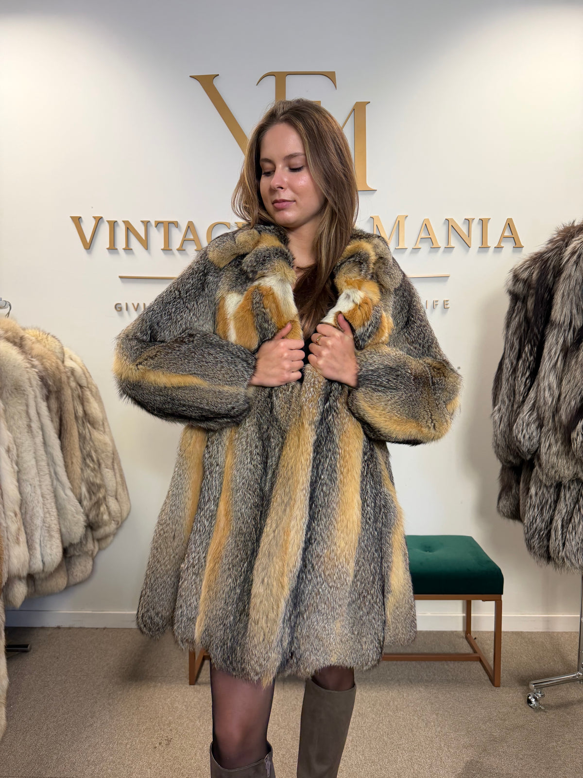 Grey Fox Fur Jacket, Medium, Golden Lining