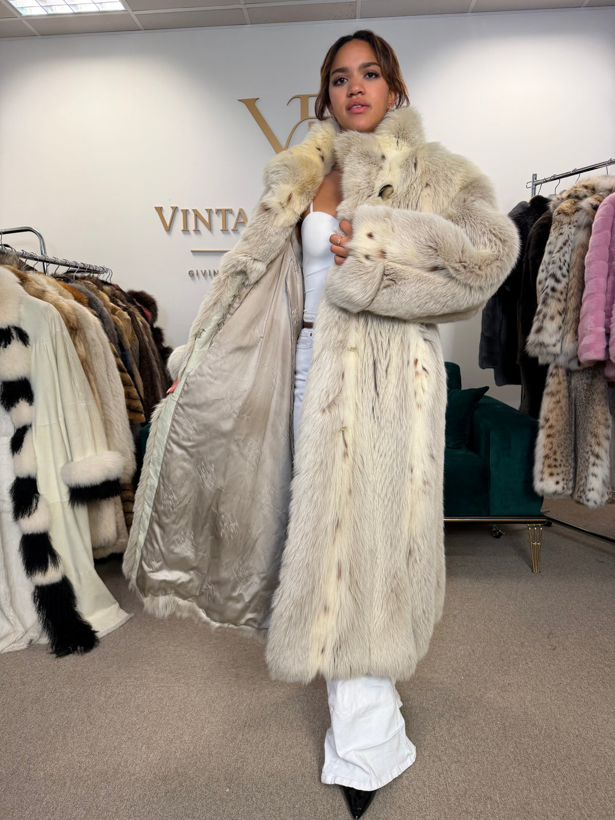 White Lynx Fox Fur Coat, Large, Full Length