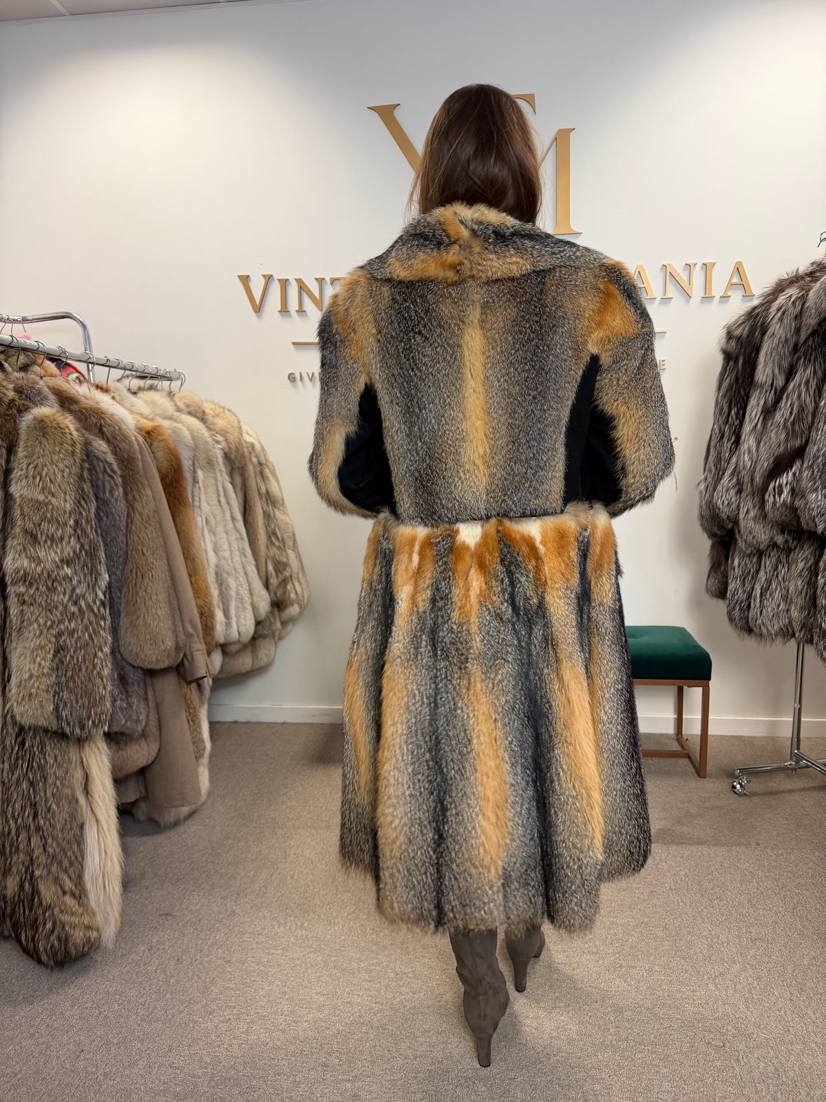 Grey Fox Fur Coat, Small, Black Leather