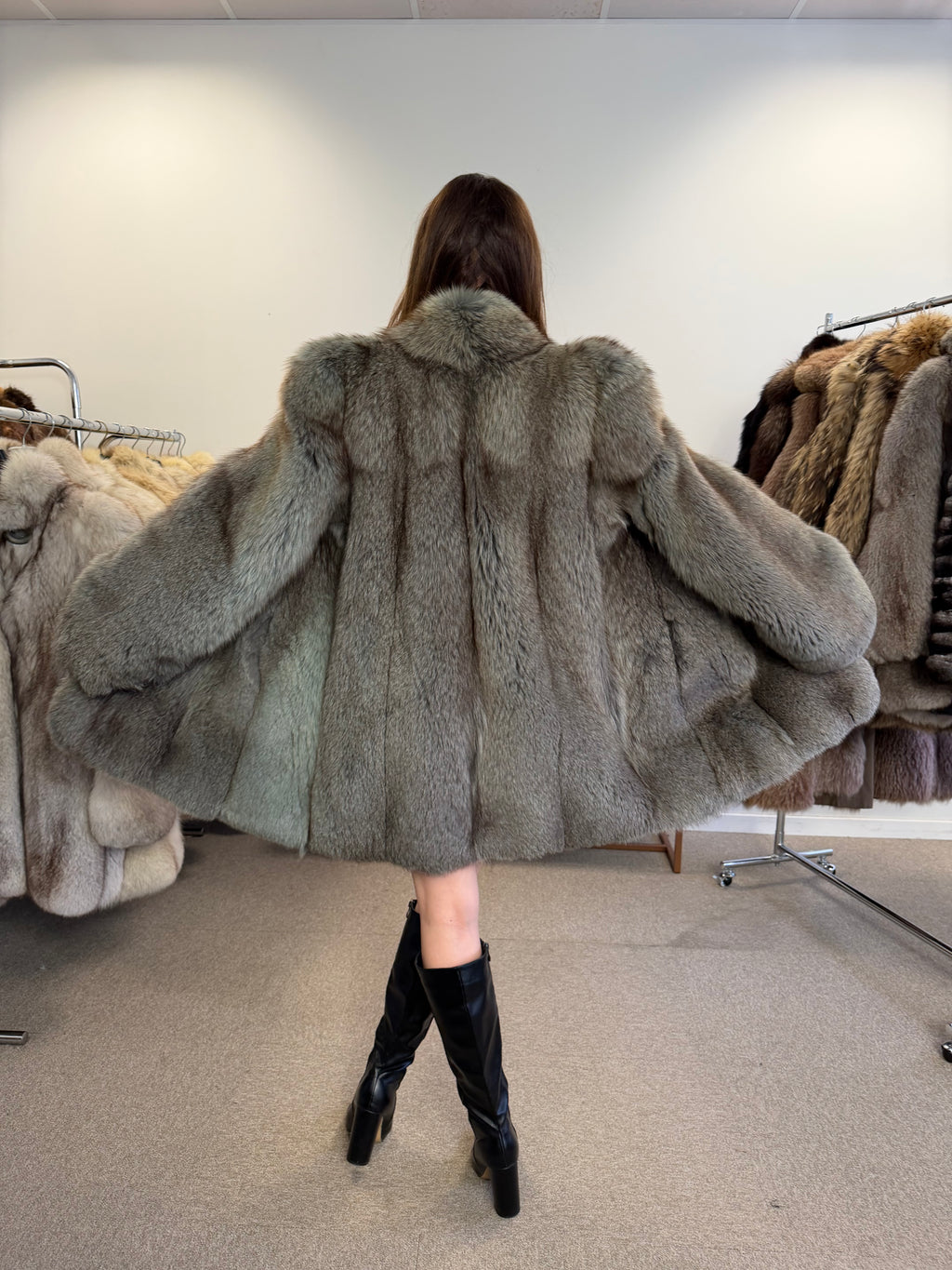 Blue Fox Fur Coat, Light Blue, Size M