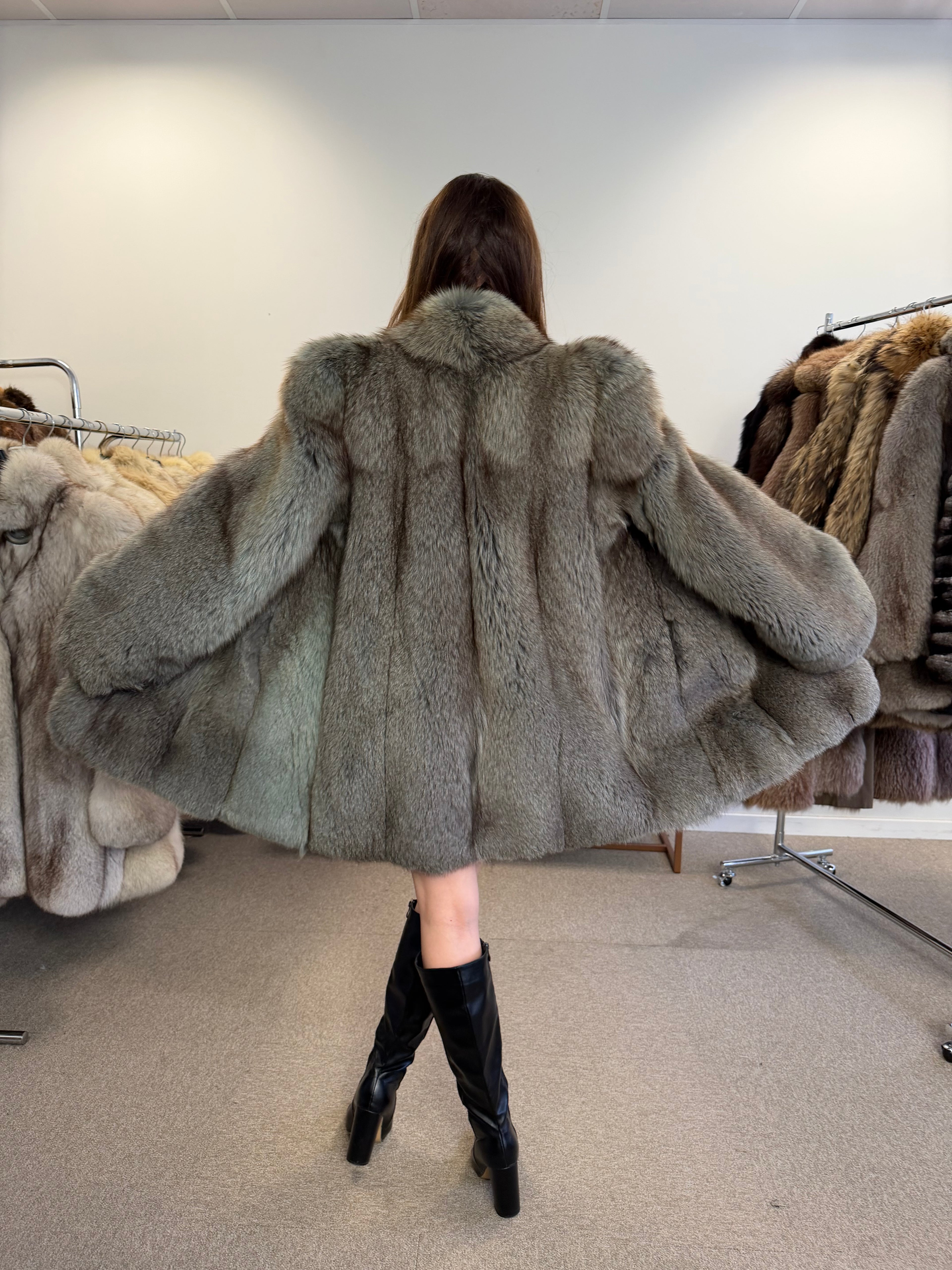 Blue Fox Fur Coat, Light Blue, Size M