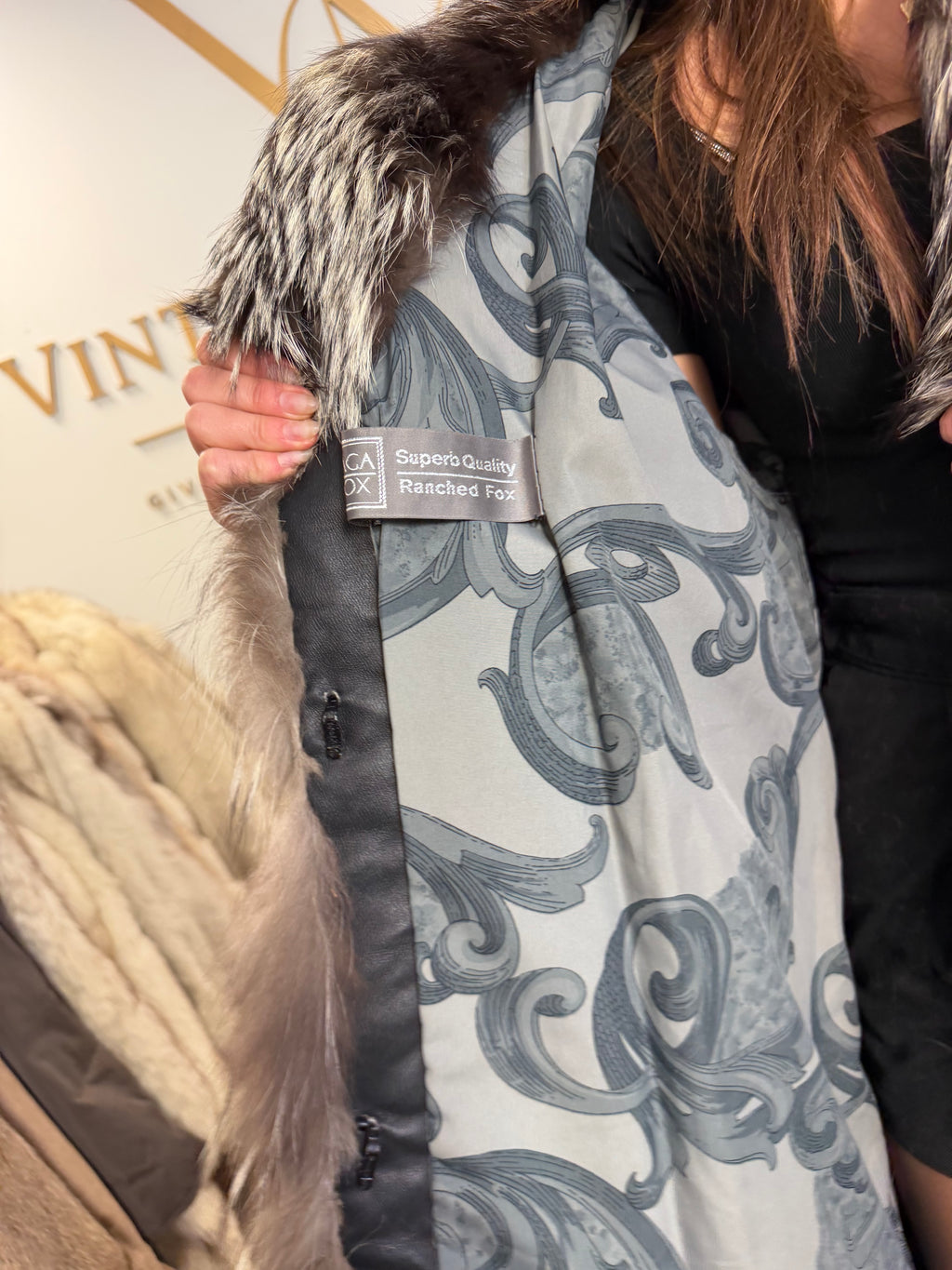 Silver Fox Fur Coat, Large, SAGA, Swinger, Trimmed
