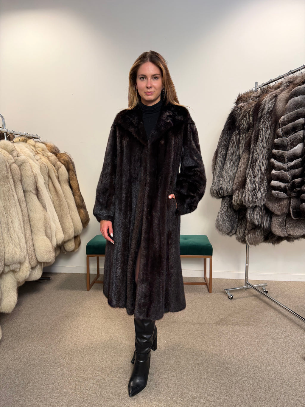 Mink Fur Coat, Dark Brown, Size M