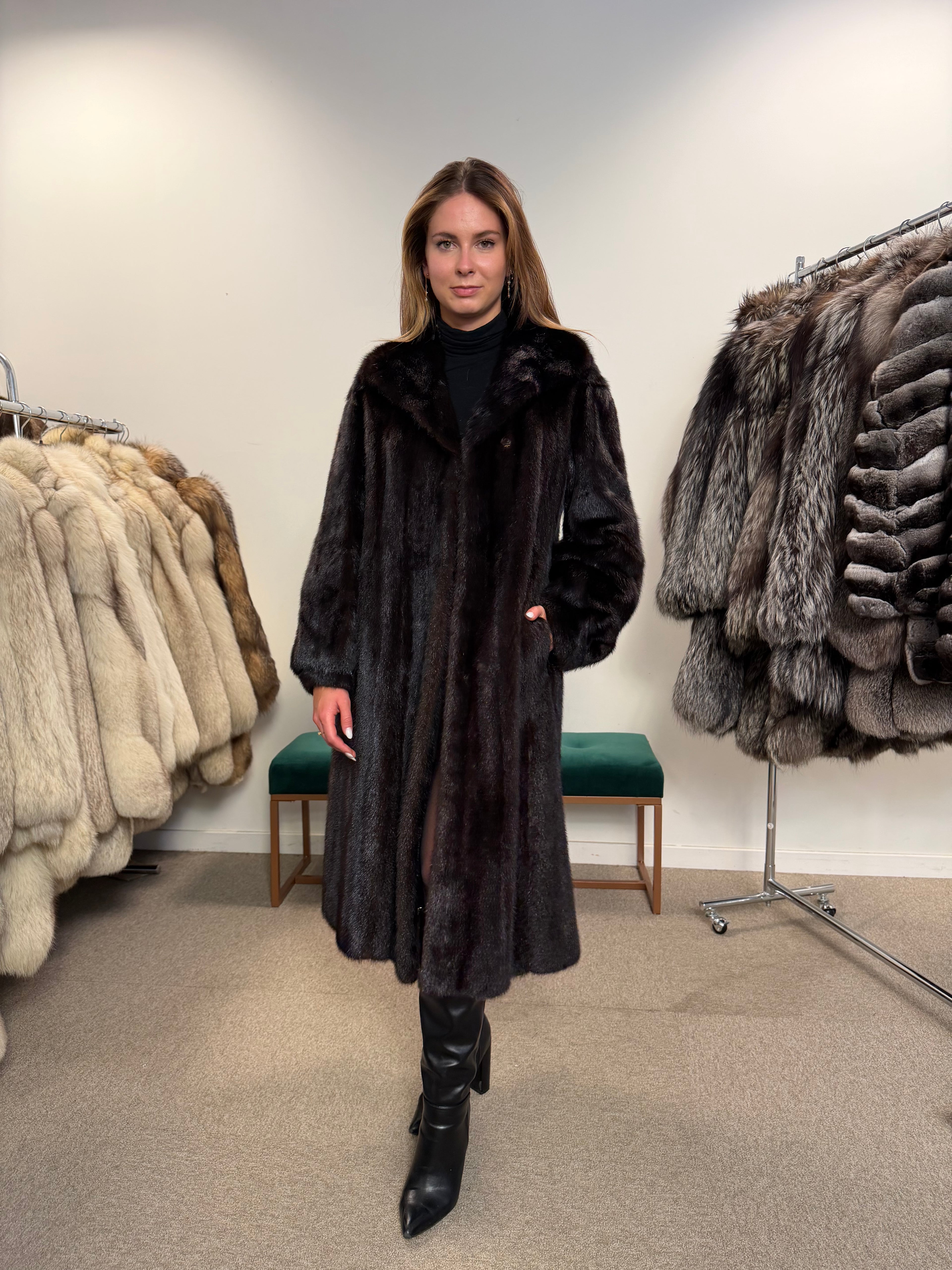 Mink Fur Coat, Dark Brown, Size M