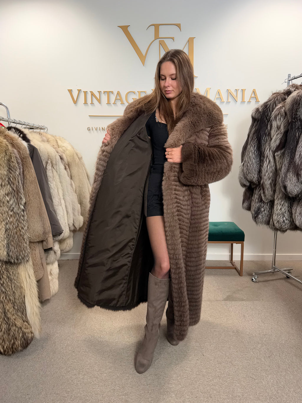 Fluffy Brown Fox Fur Coat, Medium, Extra Full Length, trimmed fur
