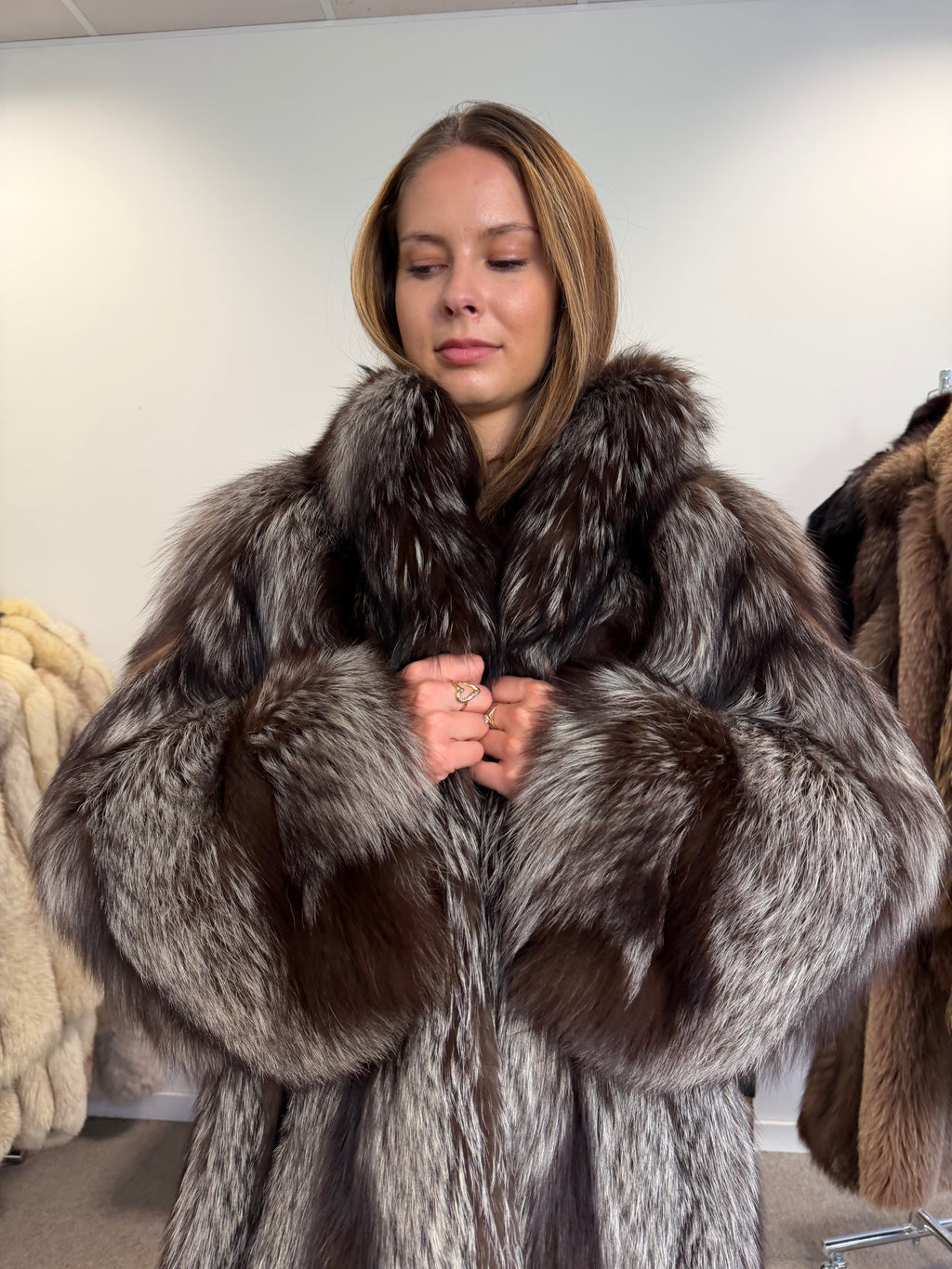 Real Silver Fox Fur Coat, Knee Length, Size L
