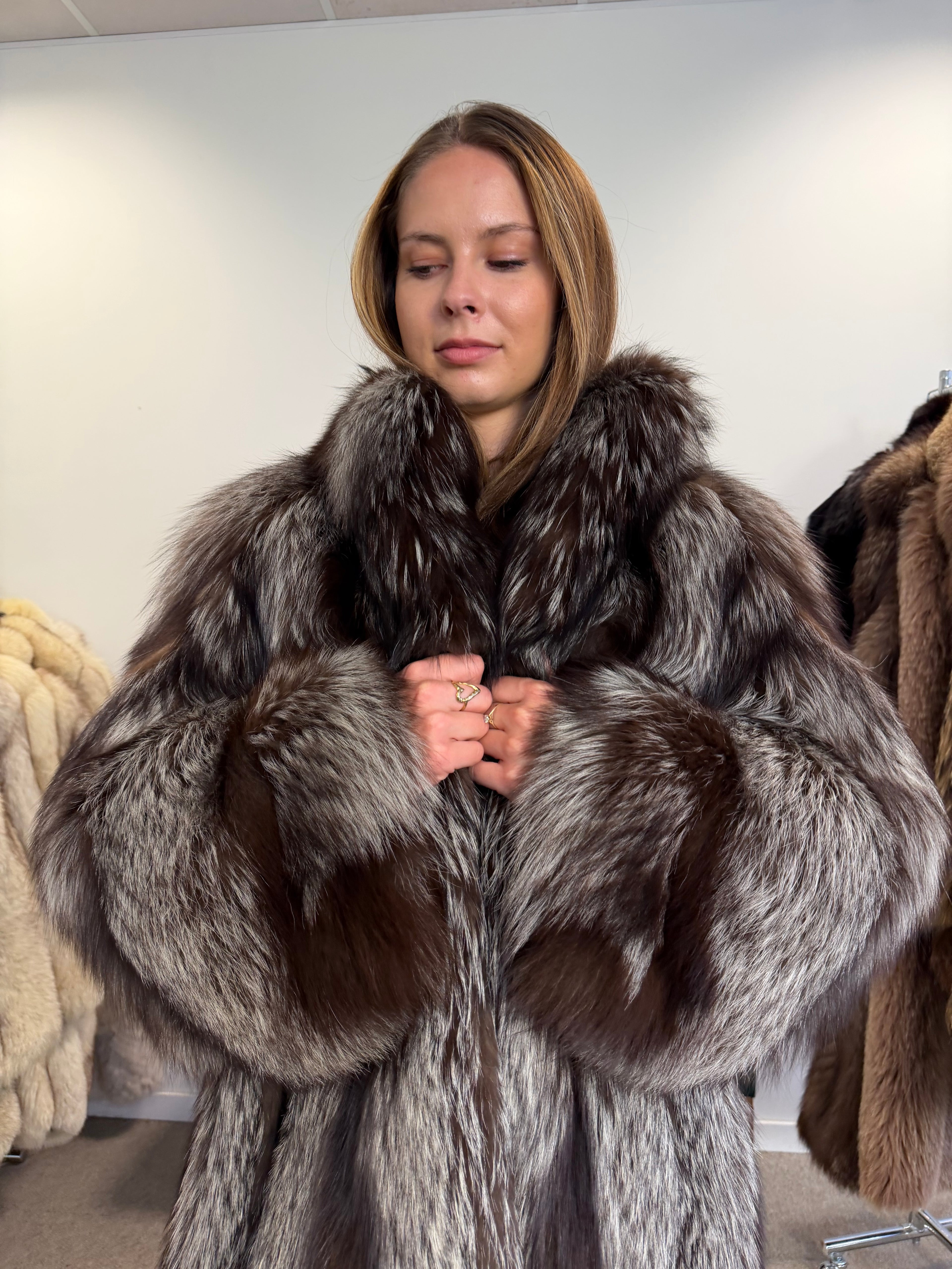 Real Silver Fox Fur Coat, Knee Length, Size L
