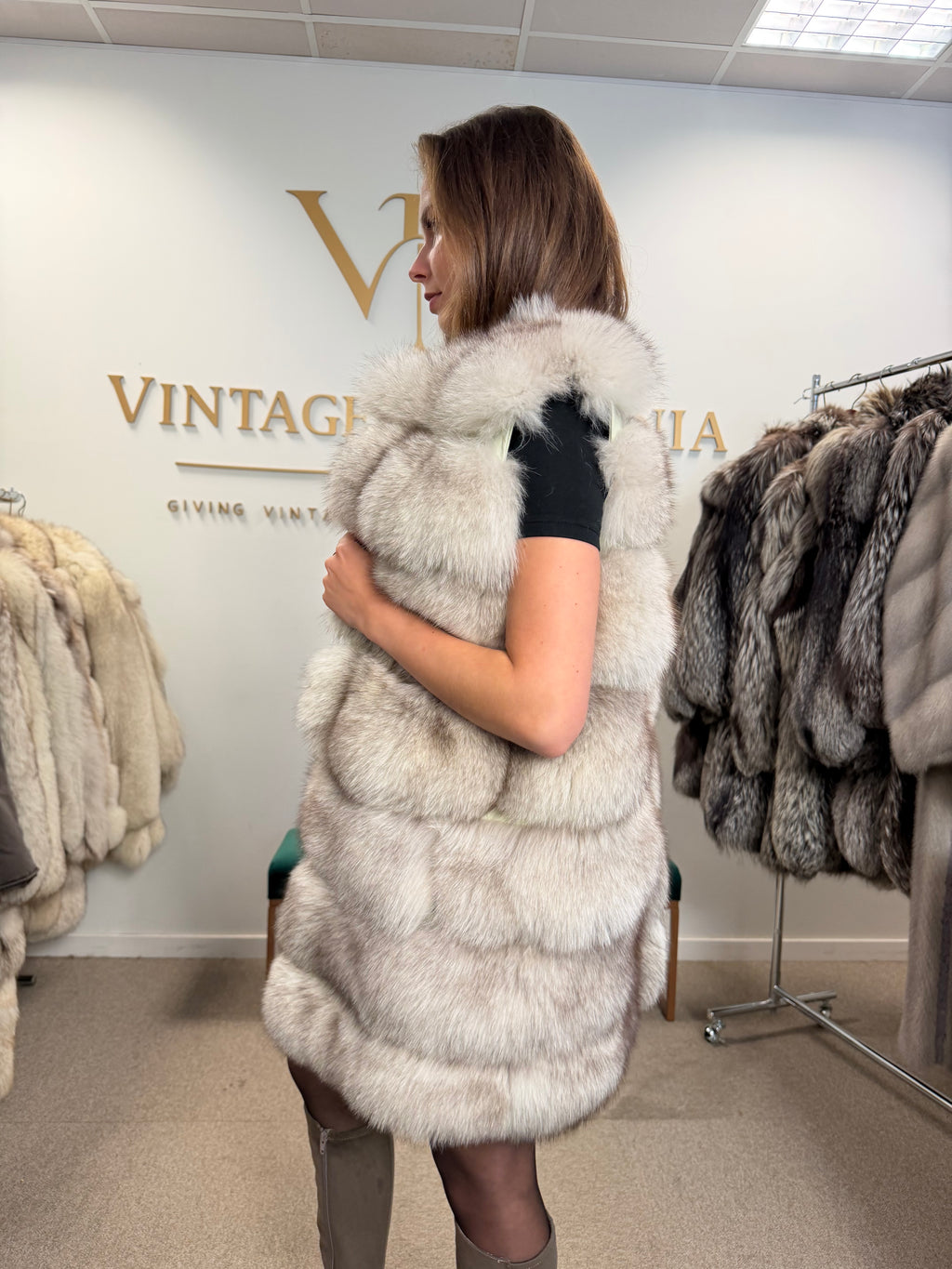 White Nordic Fox Fur Vest, Medium, New