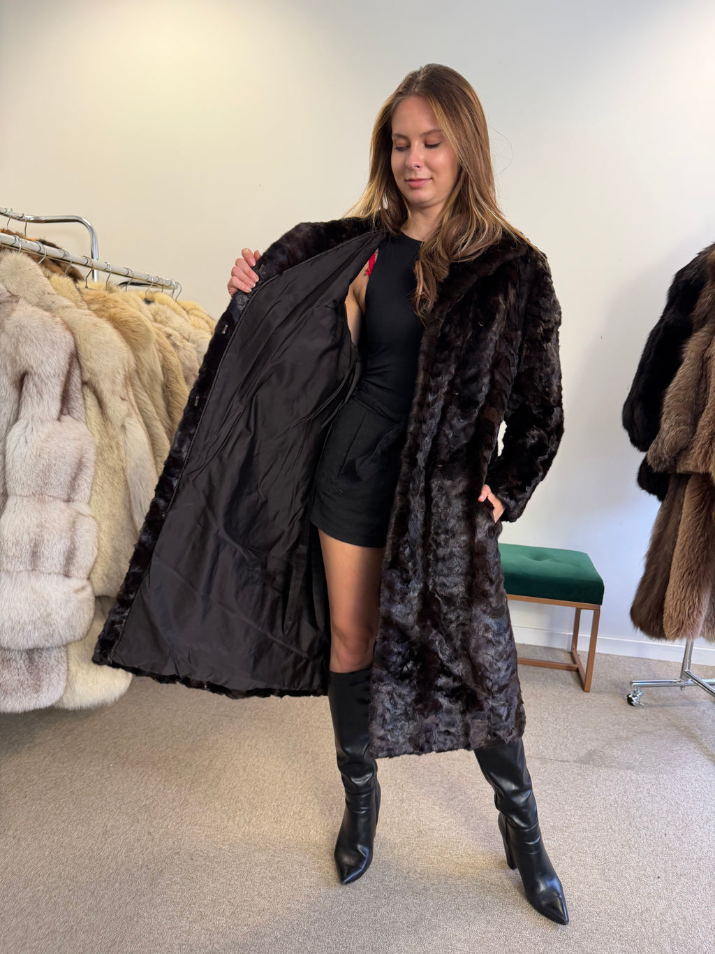 Brown Mink Fur Coat, Pieced, Full Length, Medium