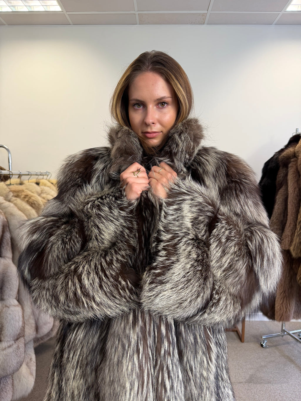 Real Silver Fox Fur Coat, Oversized, Size XL