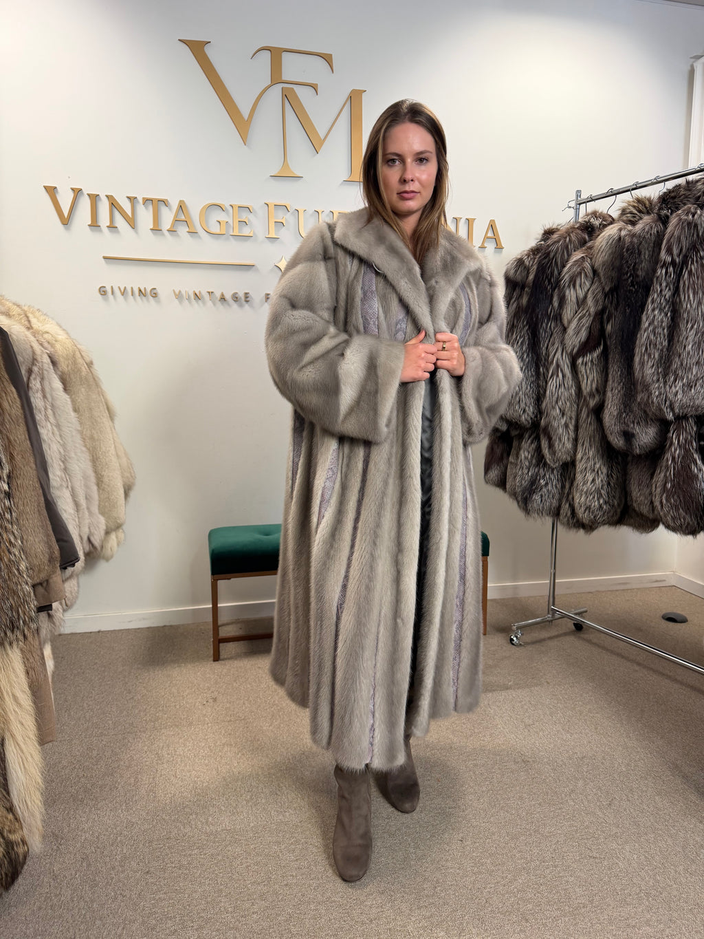 Grey Mink Fur Coat, Swinger, Full Length, Fits up to 5XL