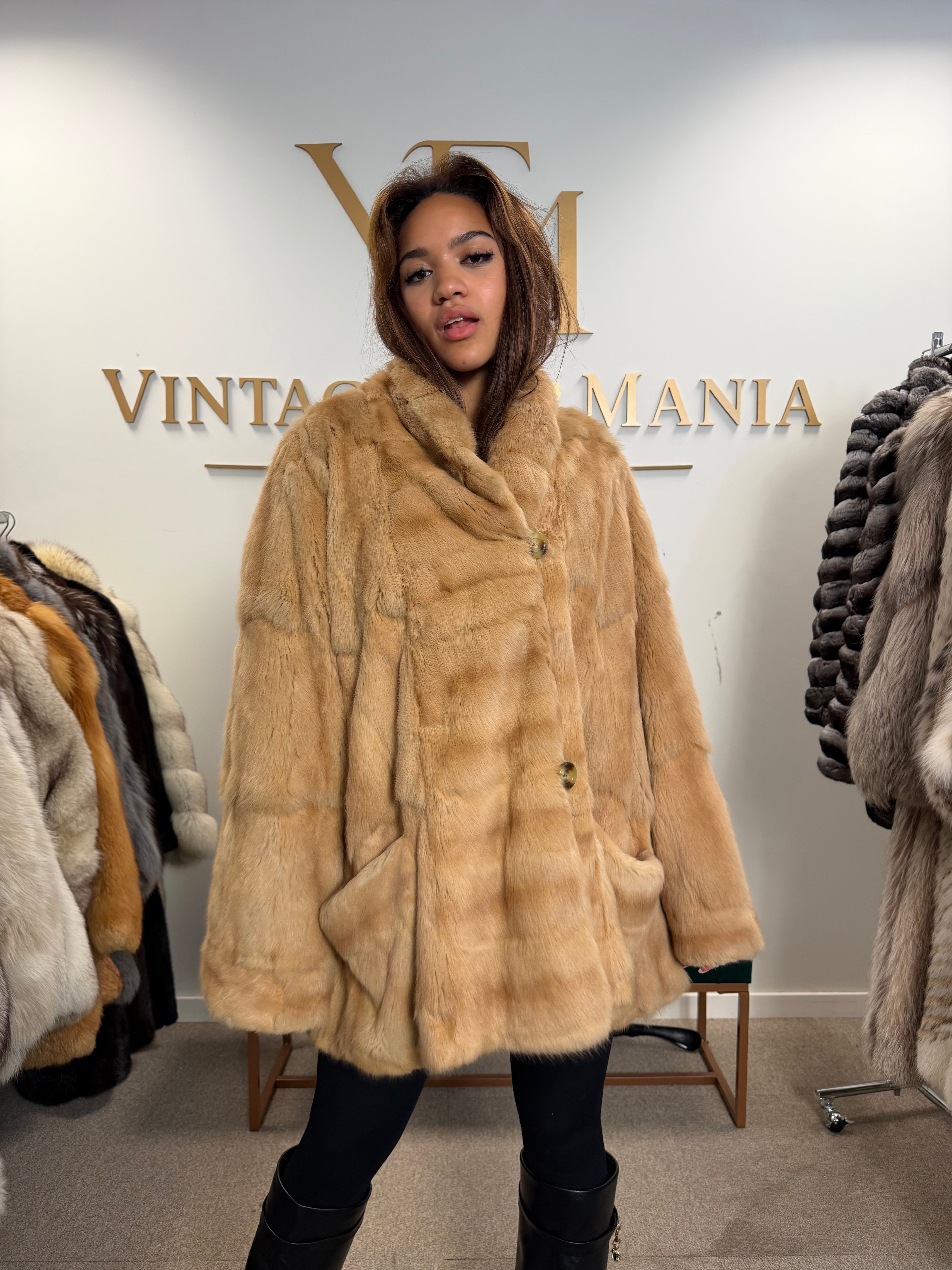 Cream Beige Feh Fur Coat, Butterfly Style, XL