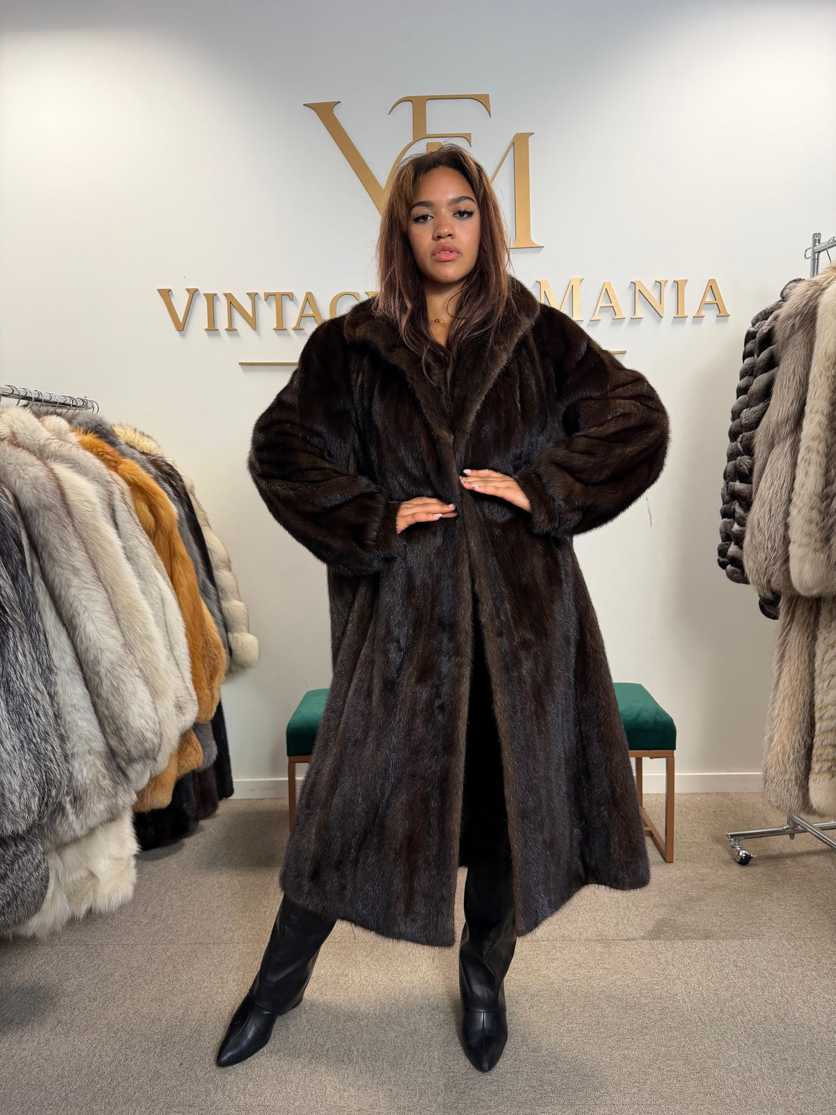 Loudwin Pelze Mink Fur Coat, Dark Brown, Full Length, XXL