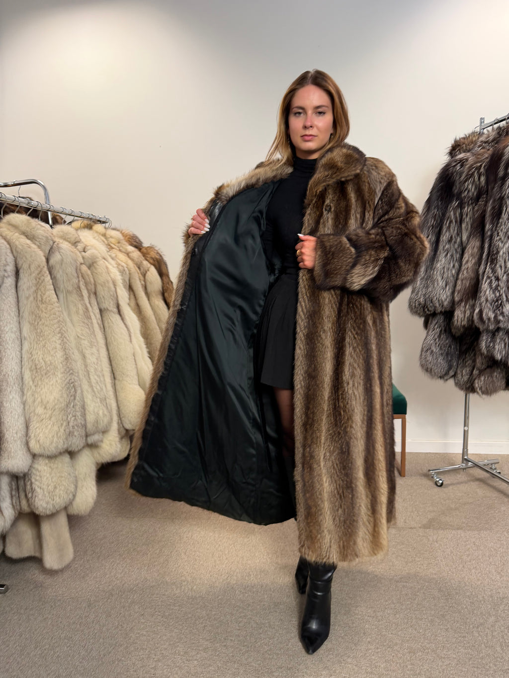 Raccoon Fur Coat, Full Length, Size L