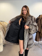Silver Fox Fur Coat, Long Oversized, Size XL