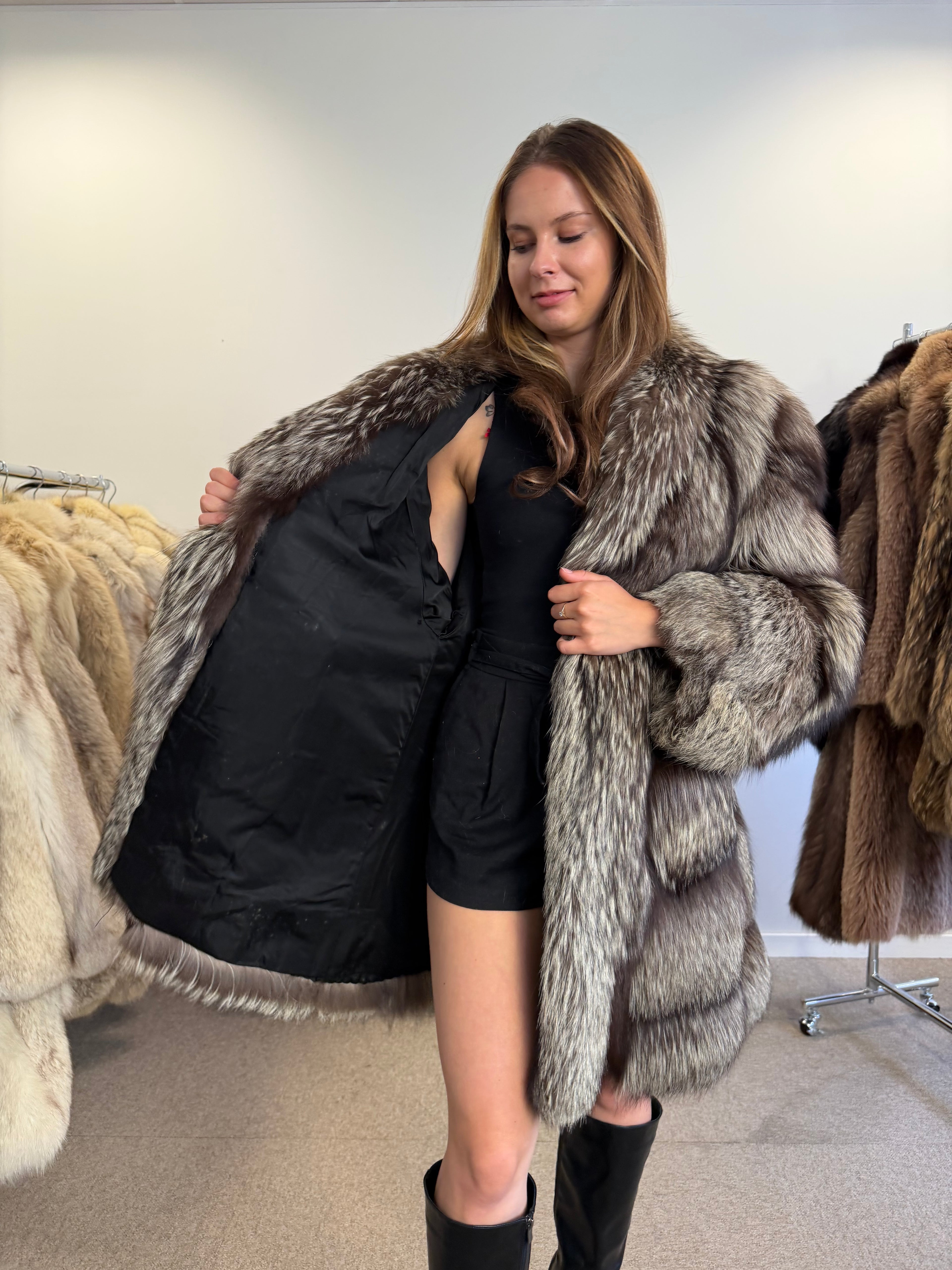 Real Silver Fox Fur Coat, Long Oversized, Size XL