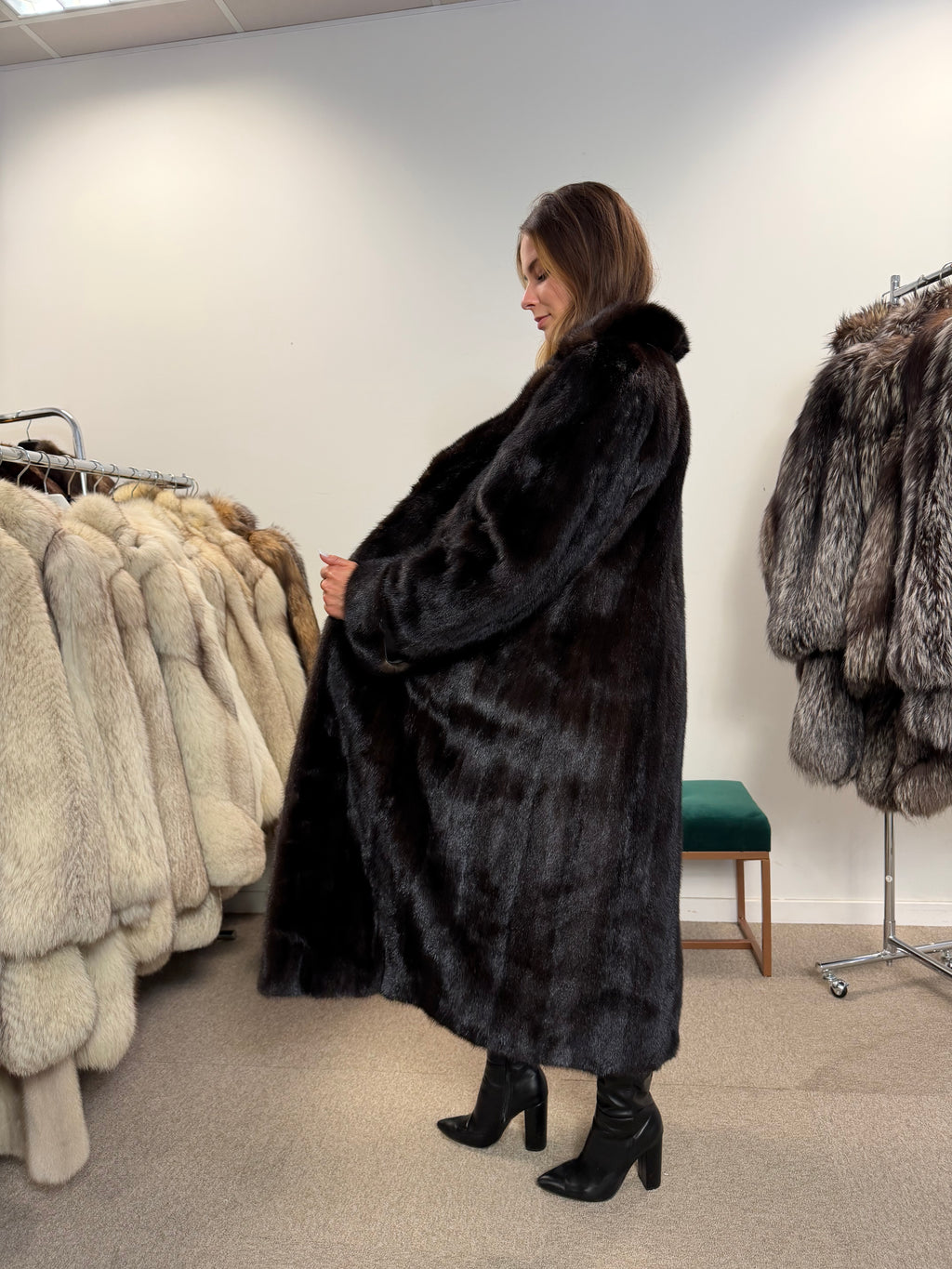 Mink Fur Coat, Dark Brown, Full Length, Size L