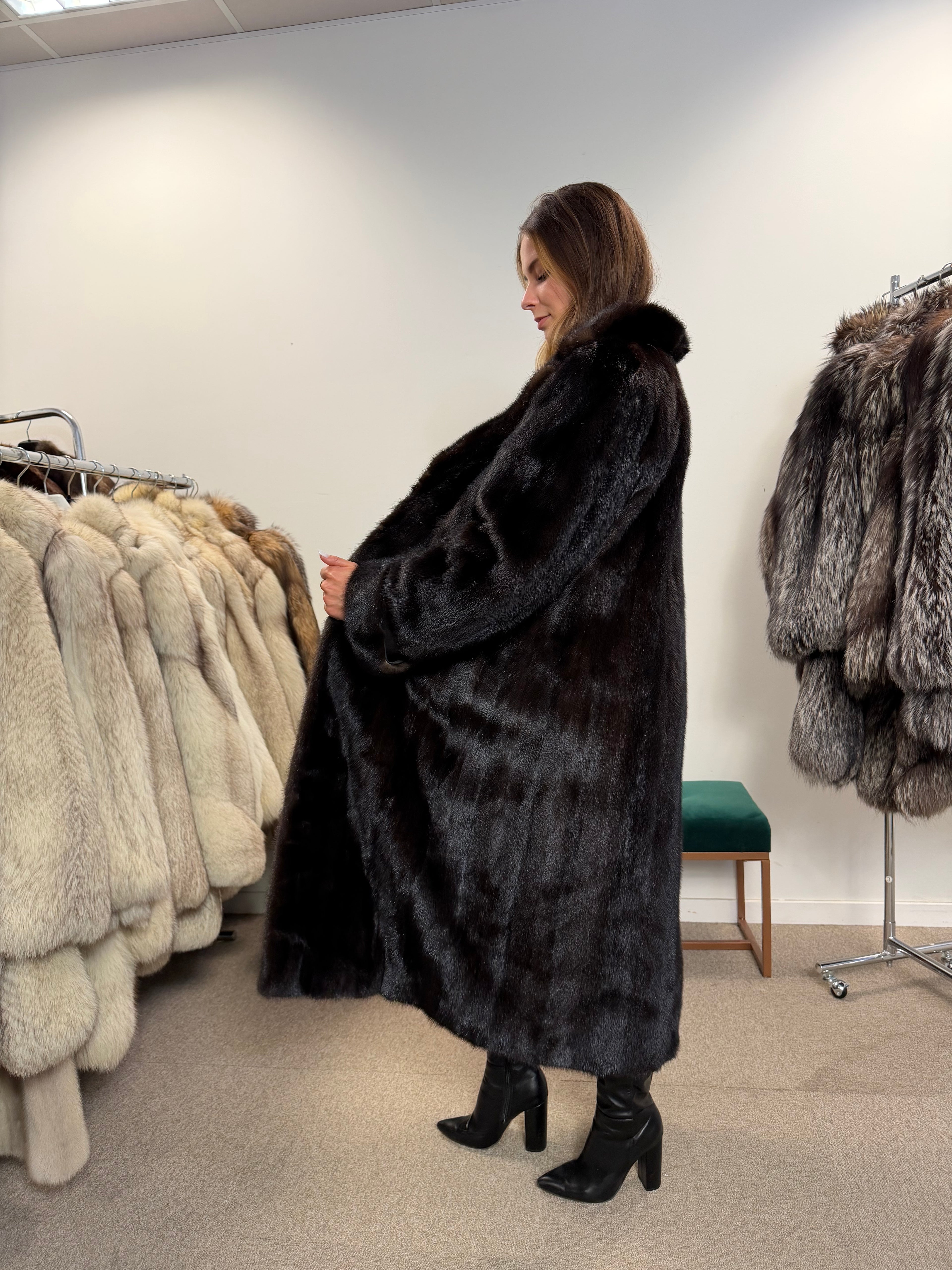 Mink Fur Coat, Dark Brown, Full Length, Size L