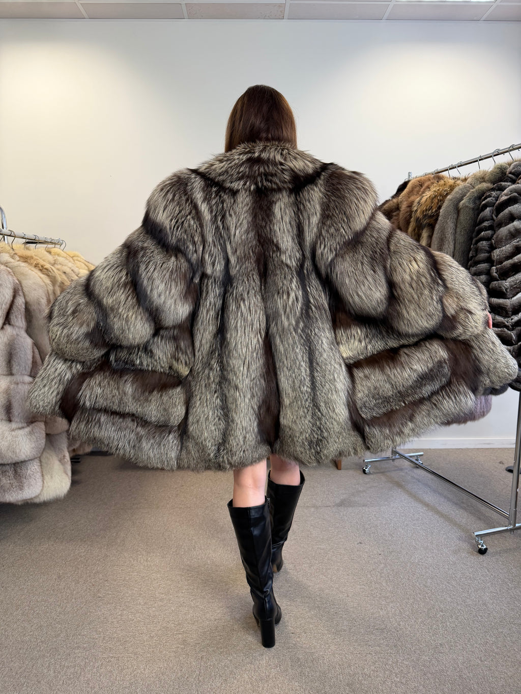 Real Silver Fox Fur Coat, Long Oversized, Size XL