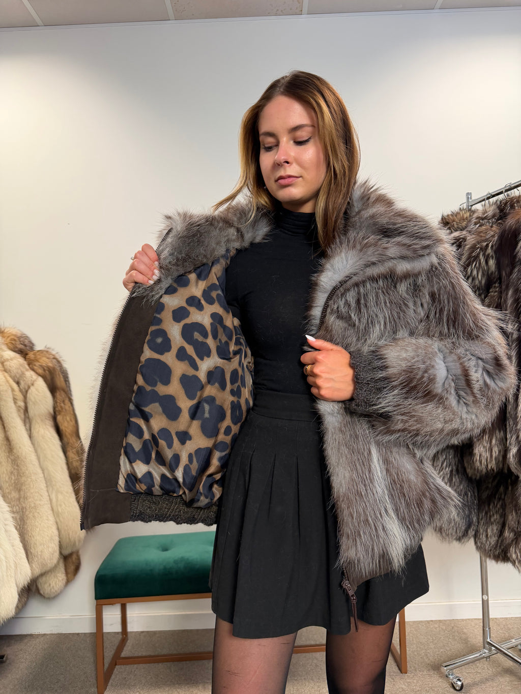 Opossum Fur Jacket, Hooded, Size M