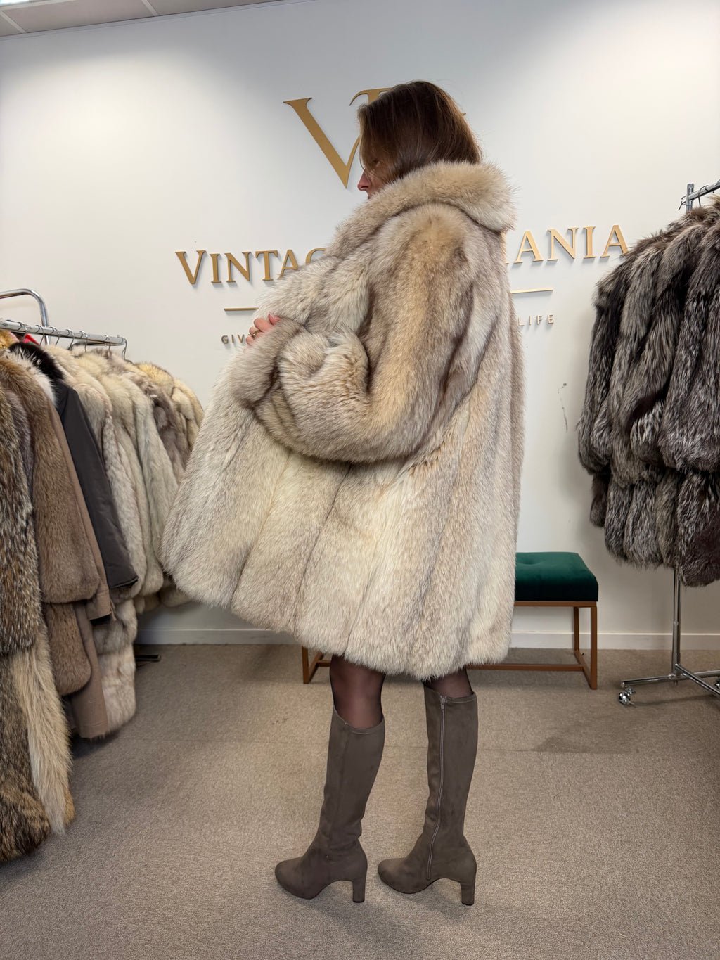 White Fox Fur Coat, Large, Brown Lining