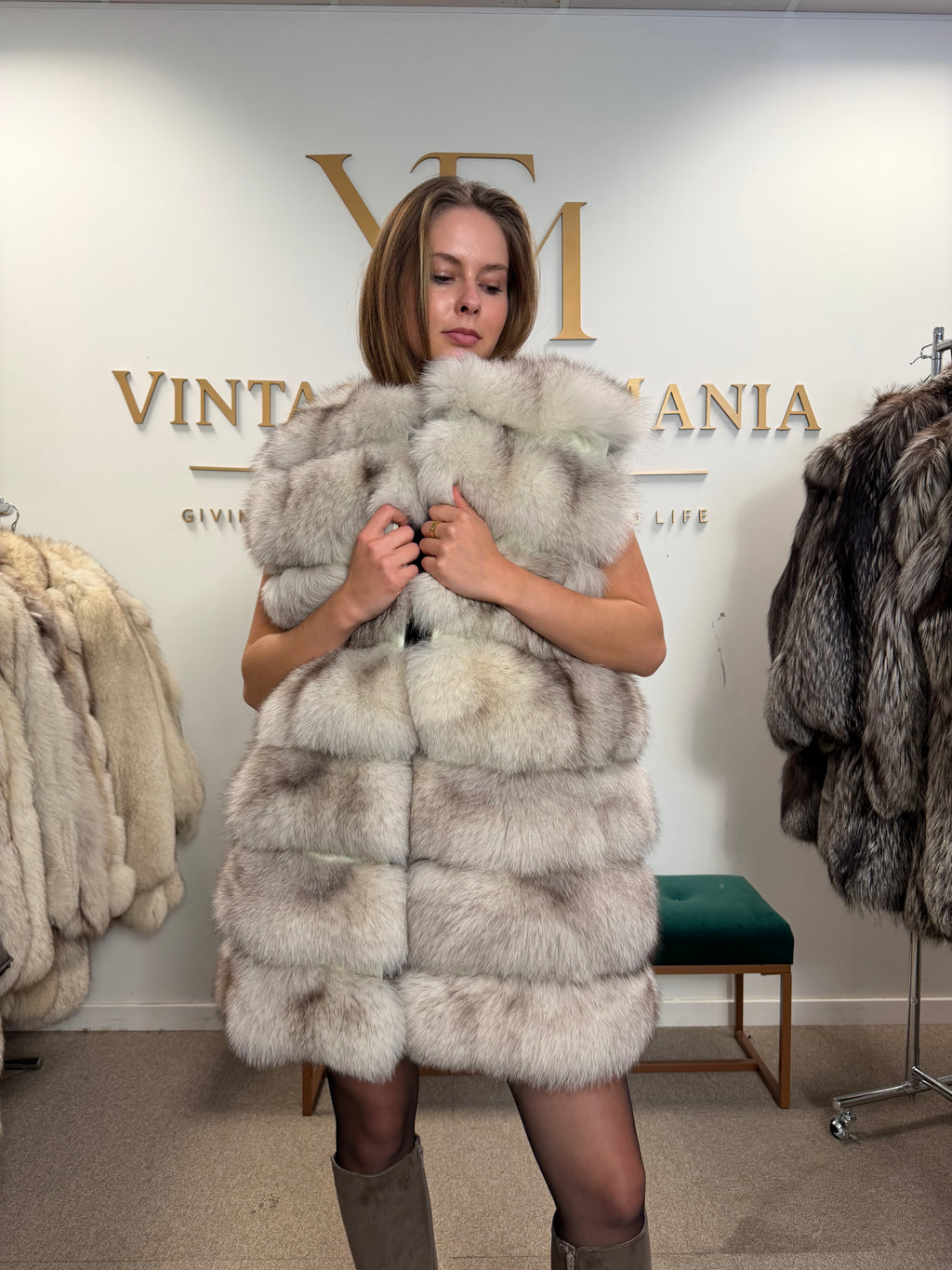 White Nordic Fox Fur Vest, Medium, New