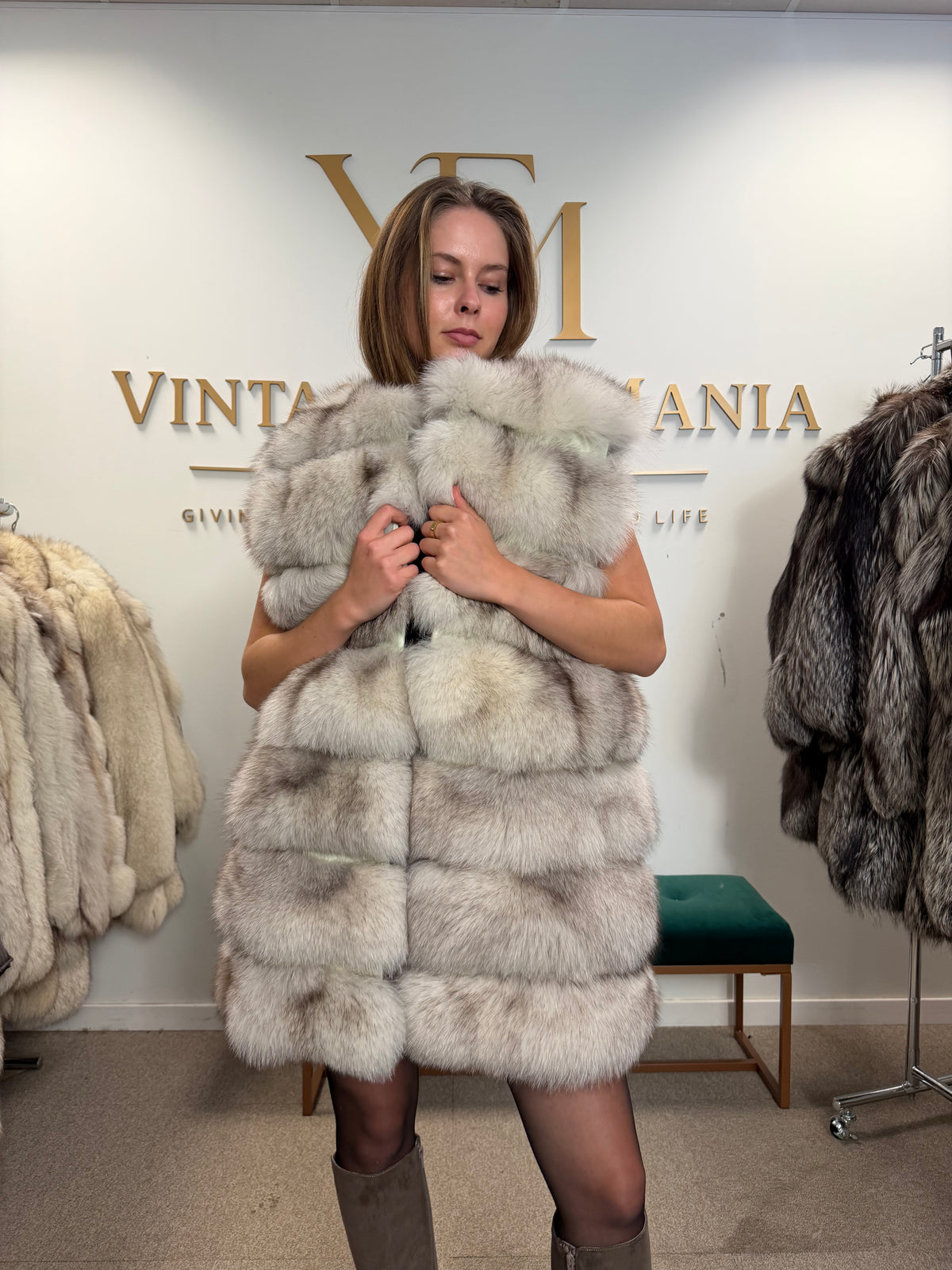 White Nordic Fox Fur Vest, Medium, New
