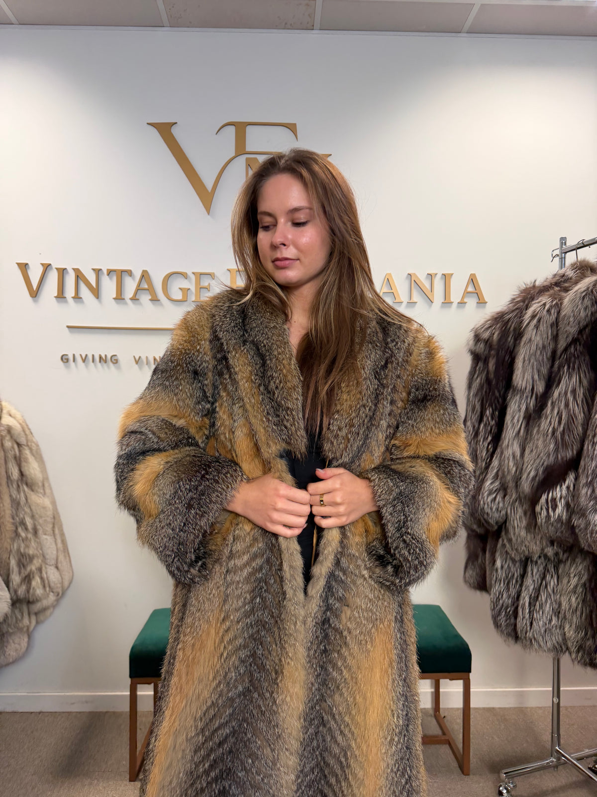 Grey Cross Fox Fur Coat, Large, Full Length