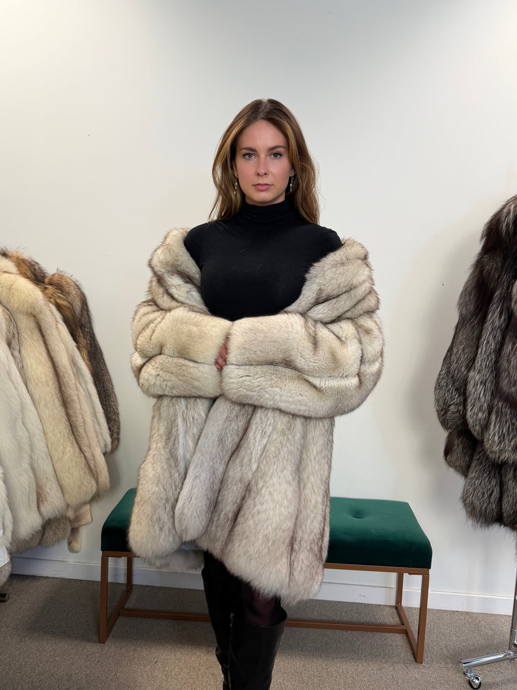 White Nordic Fox Fur Coat, Size XL